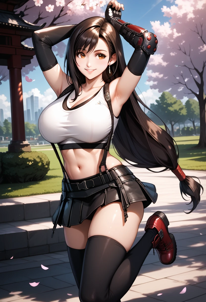 score_9, score_8_up, score_7_up,source_anime,Macro photography,(oil),((highest quality.ultra-detailed,Realistic,Realistic 8K UHD,photorealistic)),Natural light,(Written boundary depth),one woman, (woman, cute),, Outdoor,   Sunny Forest,stand,(Round beautiful breasts.Big Breasts),Fair skin,(わずかなsmile),Tifa FF7、alone、Looking at the audience,Red eyes,, ,smile,high expose one's stomach,Tank top, Black Skirt, Suspender skirt, abdomen, Black Stockings, Red gloves,zettai ryouiki,Arms crossed,From before,Dynamic Angle,Beautifully detailed eyes and face,Glossy skin with ultra-realistic details,Slim and smooth lines,male_pov,,cowboyshot,hands one on hip,arms support,standing girl,,(from below).