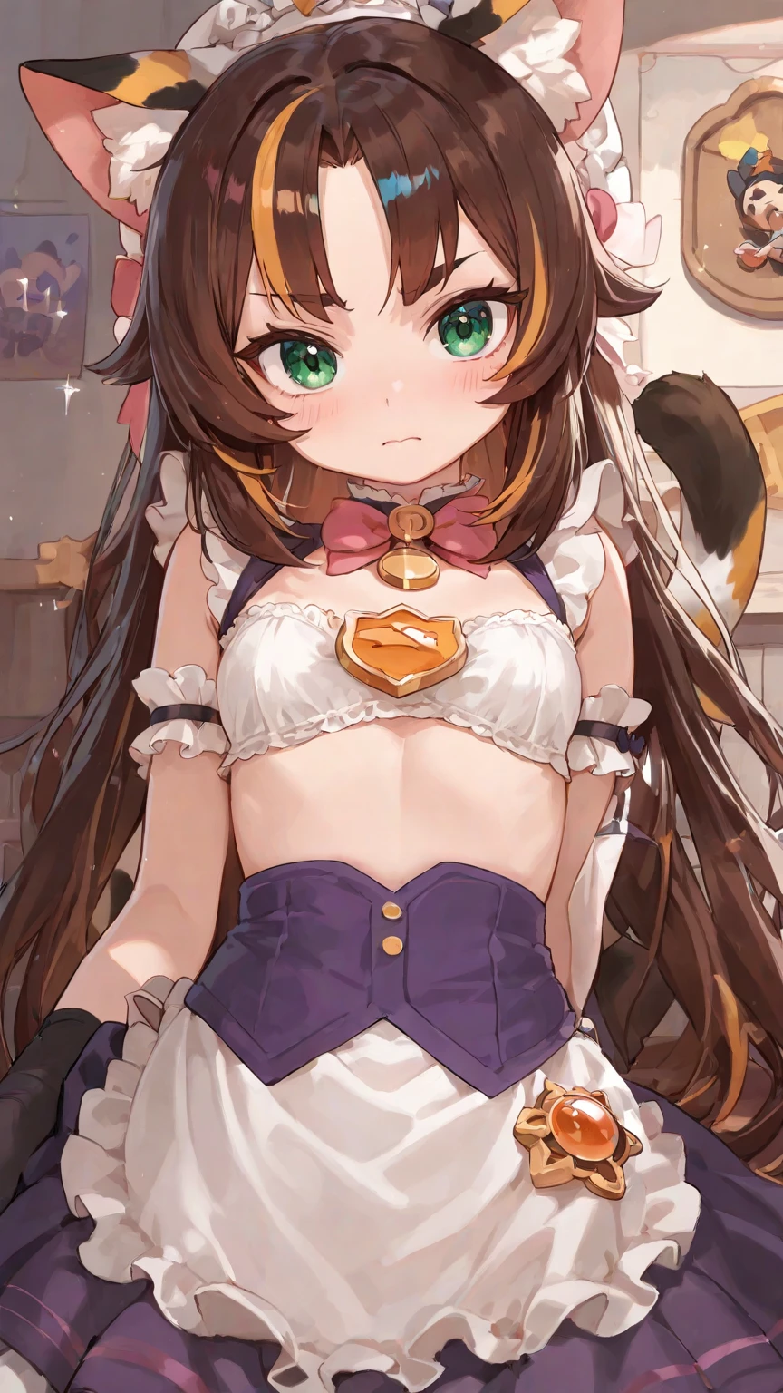 (2 young girls with long hair, Beautiful face and eyes and eyeliner,A delicate little face, pink eyes, Charming smile, (Maid cafe outfit with frilly, Sheer pleated mini skirt:1.5), (Transparent maid cafe costume with large open breasts and hollow:1.2), Sexy transparent underwear,Show belly button, Revealing sexy transparent white panties (very pretty girl), brown hair, Fashion hair accessories quality:1.4), (Extremely detailed),Pendants and earrings、 (Extremely detailed CG unified 8k wallpaper), Very detailed, High-resolution original color photos, Professional photography, Depth of Field, (view from below),