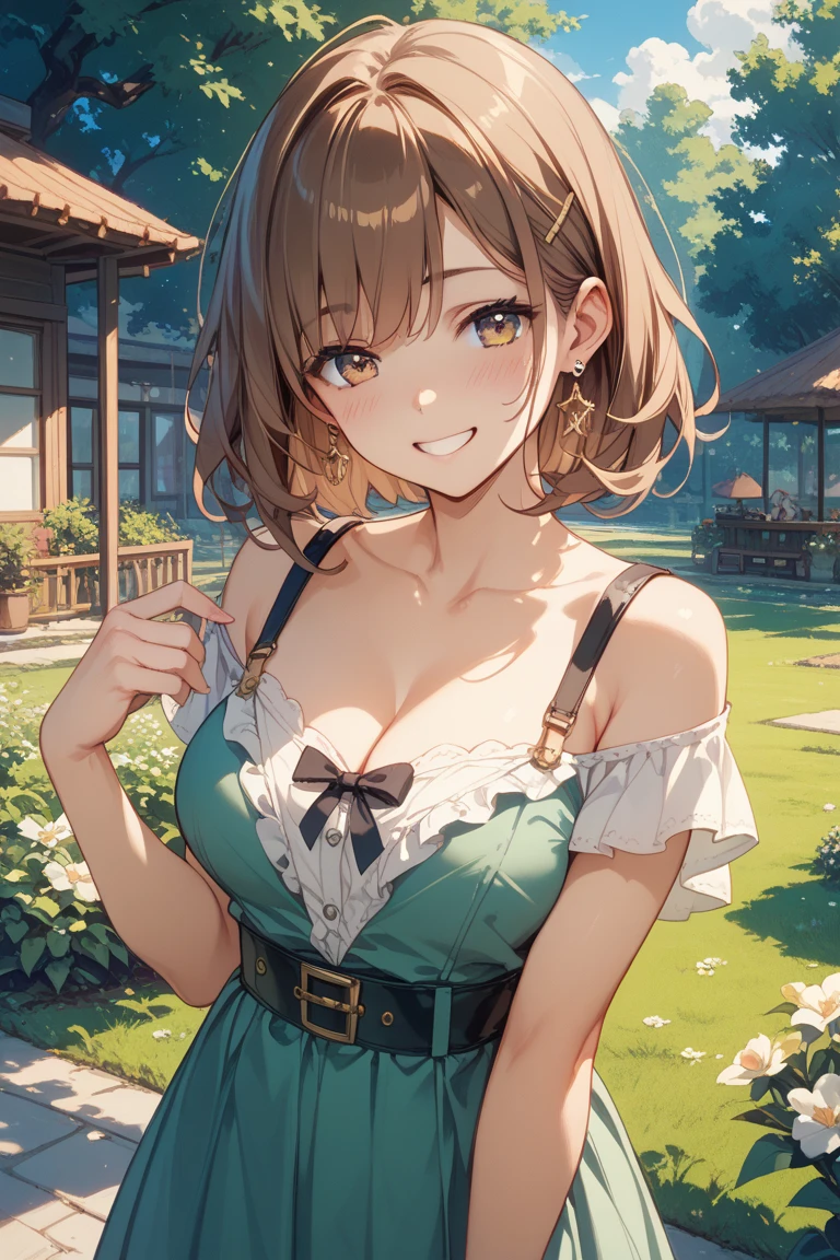anegasaki nene、Shiny brown hair, short hair, (Beautiful brown eyes、Sparkling eyes, Fine grain)、smile、Ultra-detailed eyes、Very detailed顔, Very detailed目,


最high quality、
Very delicate and beautiful, wonderful, In detail, masterpiece, Very detailed, High resolution,Best illustrations, Best Shadow,complicated,Sharp focus, high quality, 
1 female, alone,  Kaveh Genshin Impact, Green Mini Dress、Small breasts、Cleavage、Glass greenhouse, Potted flowers, Flowers for sale, Woman looking at flowers, Flowers are blooming everywhere