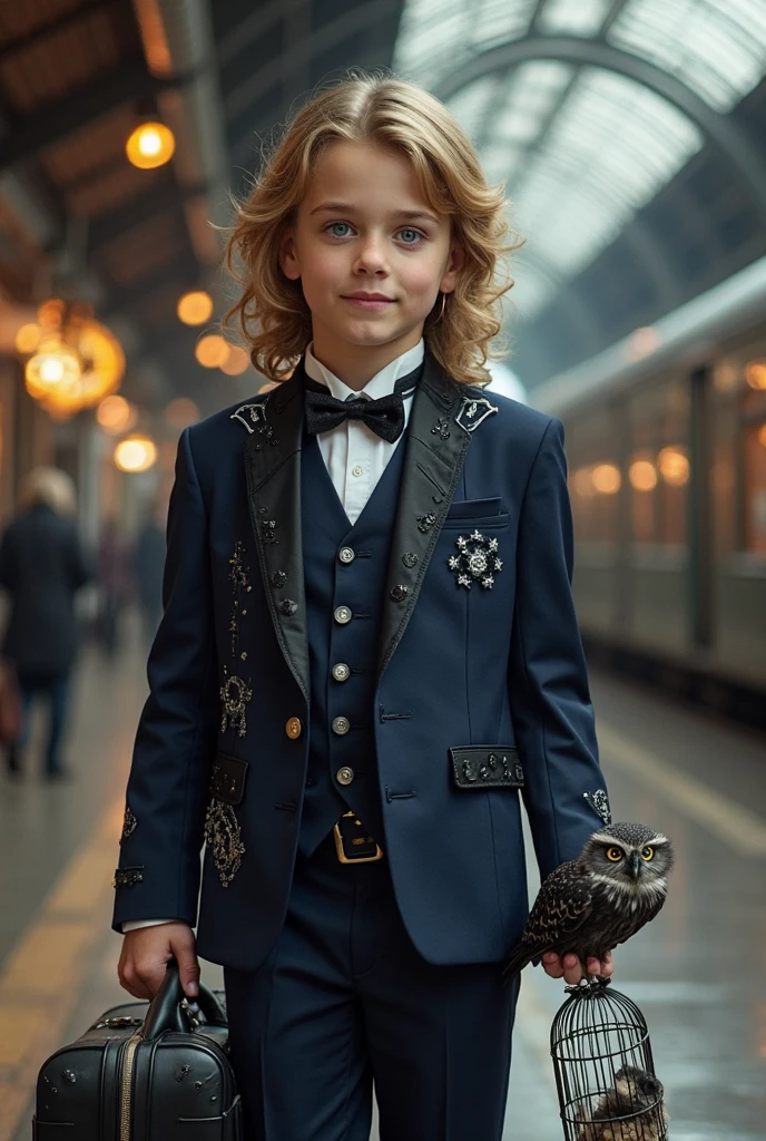 A handsome boy with blurred medium hair, striking green eyes, and a strong jawline, wearing a dark blue vest with a white undershirt, dark blue dress pants with gold buttons, and dark blue shoes with gold laces, in a super realistic style