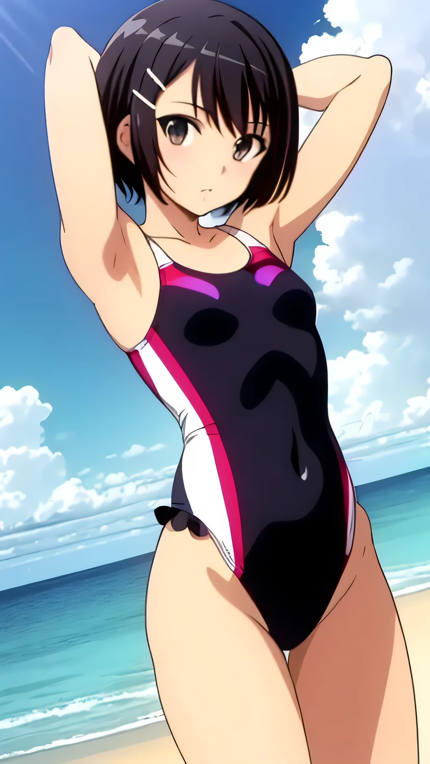 (Top quality, masterpiece, 8k), (anime coloring), very detailed, perfect face, beautiful eyes, perfect eyes, detailed eyes, feature large highlight, detailed face, ultra-detailed, detailed eyes, symmetrical eyes, sharp details, tomoe, black hair, black brown eyes, (petite:1.3), (small breasts), short hair, hairclip, healthy skin, slim, slim body, thin legs, (nffsw), ((floral pattern swimsuit:1.2), frills, thighs, beach, blue sky), (arms behind head), (cowboy shot:1.2), looking at the viewer, in the center of the image, dutch angle,