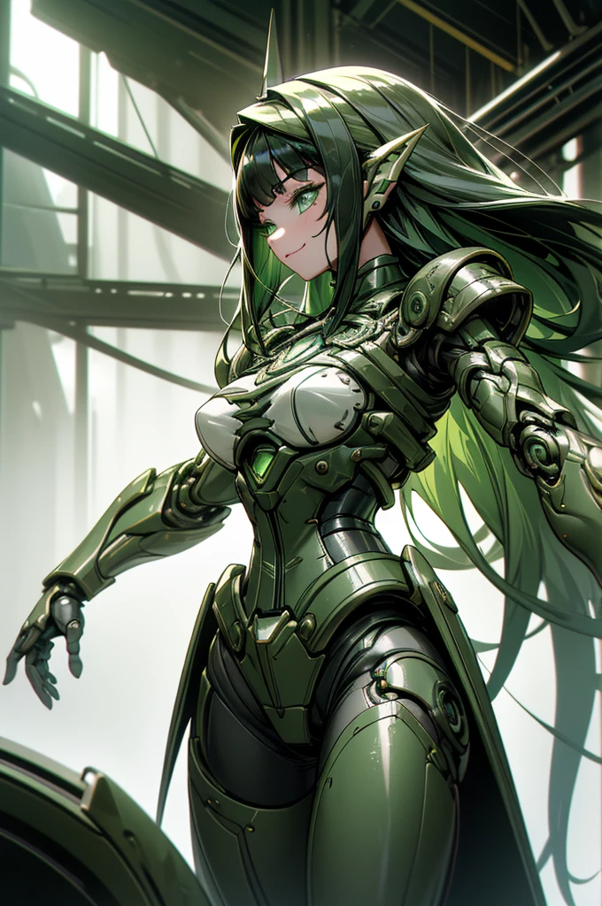 Giant Mutant woman, Light green skin, long light green hair, yellow glowing eyes, hard light green shell skin, Long Scorpion tail, Big Scorpion claw on left arm, long nails on right hand.