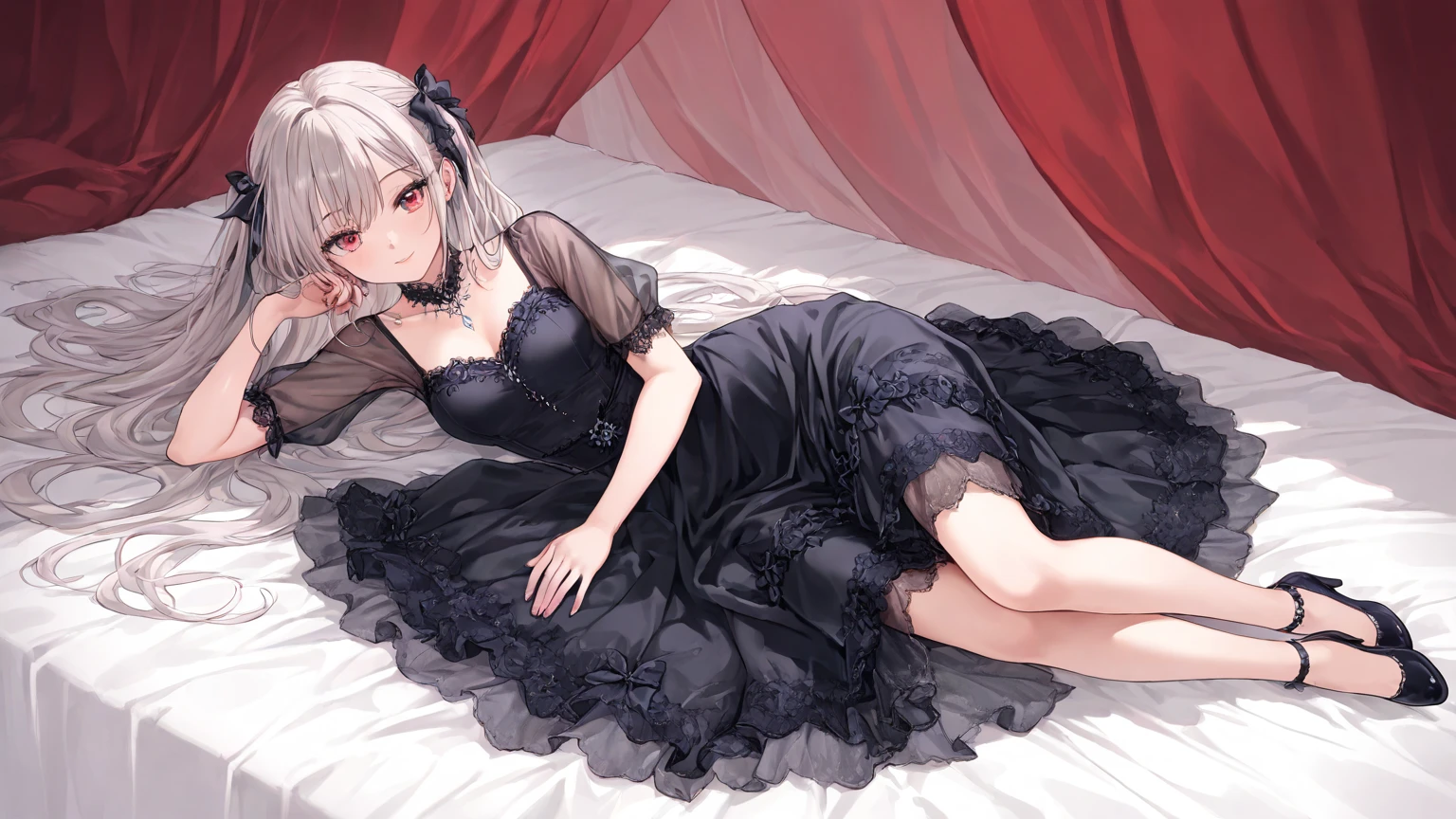 masterpiece, best quality, super detailed, illustration, masterpiece, best quality, super detailed, medium view, ((long shot, wide angle 1.31)), three girls, sexy, skirt, black silk, in bed