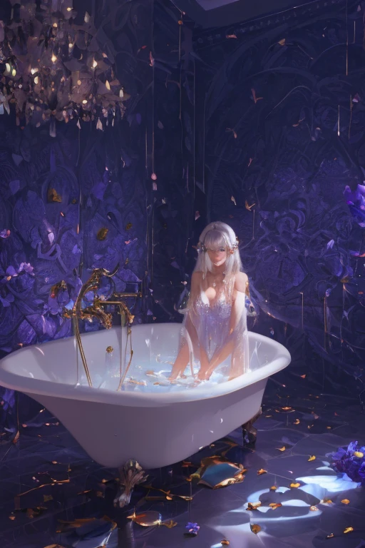 nsfw, ((1girl)), ((masterpiece)), realistic, ((highly detailed:1.3)), beautiful elf princess bathing in a marble tub, ((very long blonde hair)), wet hair, wearing a sheer bathrobe, clothed bathing, ivorygoldai, royal palace bathroom setting, steam, ornate marble tub, (rose petals floating in water:1.3), early morning light, windows, crepuscular lighting