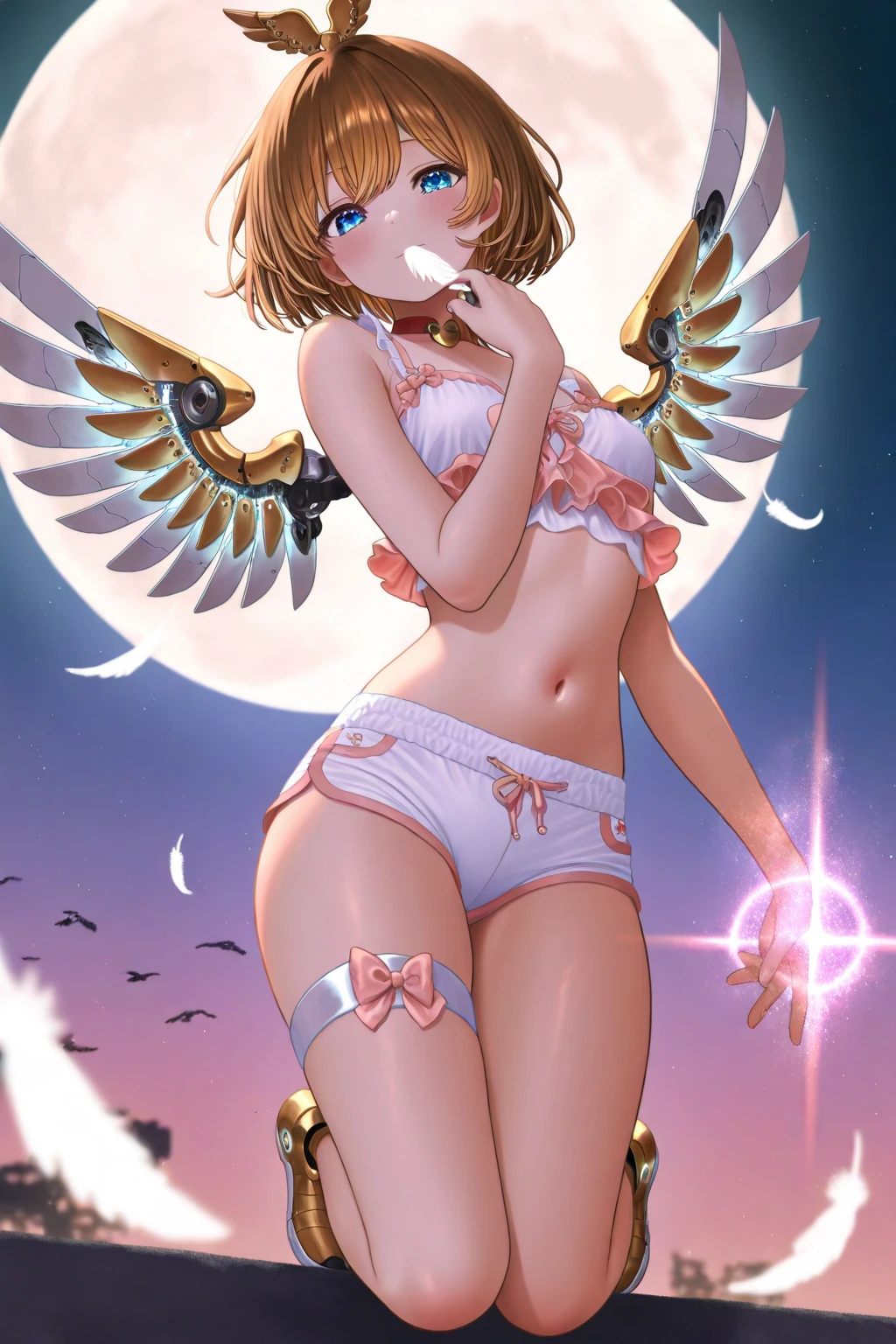 (masterpiece, highest quality, ultra high res, ultra detailed:1.3), 1 cute girl, 18yo, ideal ratio body proportions, blonde short hair, (red magical girl outfit, black frilled mini skirt:1.3), puffy shoulders, bare arms, magic wand, (white cotton panties, 1 strange small animals:1.6), dynamic pose, night city, clothes covered nipples, smiling,