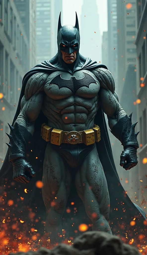 Batman Suit Fused with Wolverine Suit, sleeveless suit with muscular arms, sparse beard, Contained rage, long shiny black claws, short shoulder cape, bright yellow eyes, screaming at the sky in fury, Gotham City on fire in the background. anger and despair.