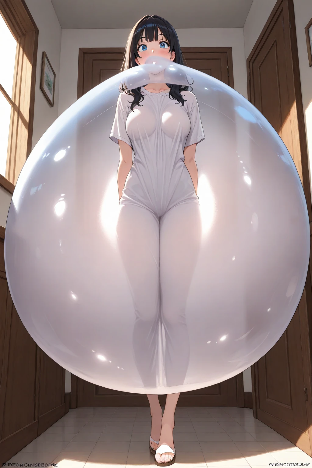 Alien woman,(pregnant) ,Look at his stomach , {thighs, beautiful ass}, Exposed stomach ,surprised ,( A glowing alien shadow in his stomach ), ( sexy white underwear), {tired from walking money}, spaceship ,( seductive:1.5)