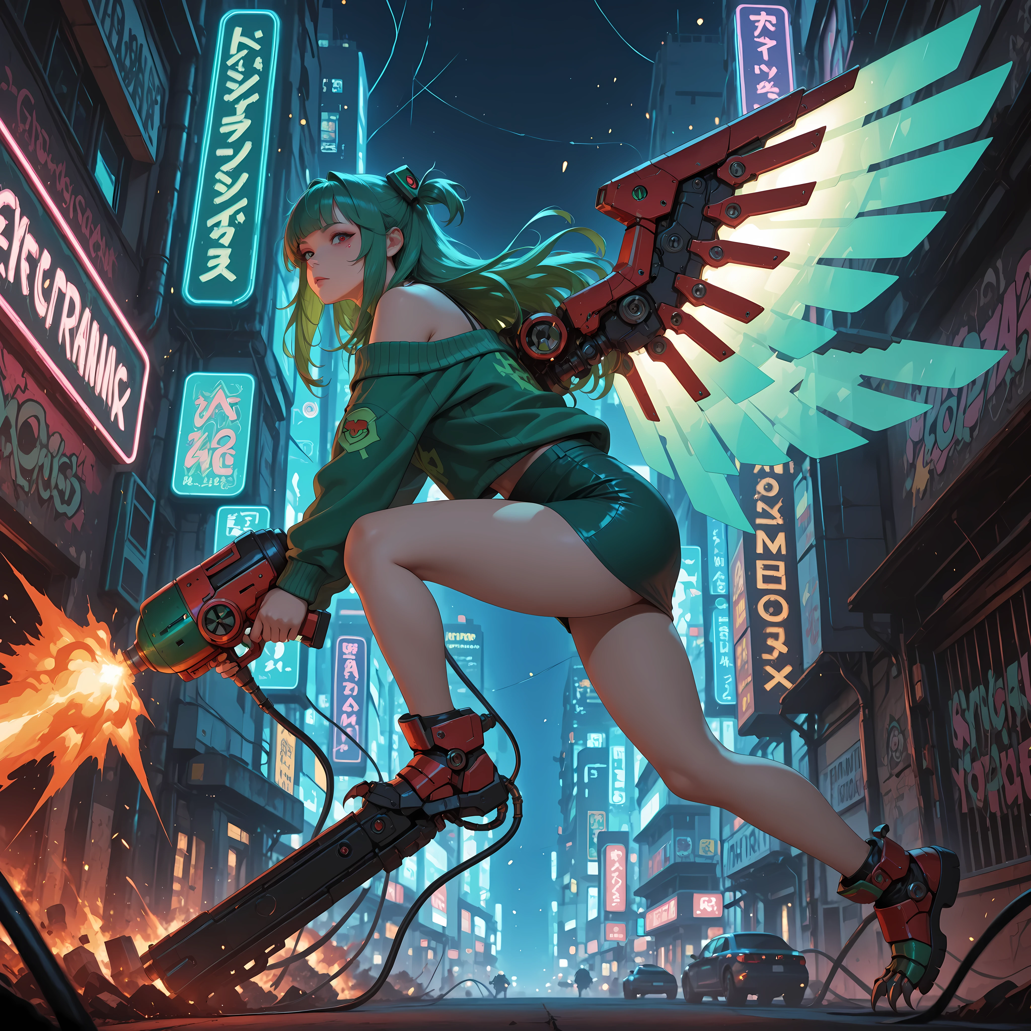 masterpiece, best quality, amazing quality, hyper-detailed, newest, very aesthetic, city, night 1girl, Vannamelon, long hair, green hair, two side up, \(clothing\), green short skirt, pencil skirt, green sweater, off-shoulder sweater, looking at viewer, outdoors, cyberpunk, neon lights, graffiti, cable, wires, red mechanical eyes, holding a blaster on the right hand, mechanical wings, claws. side view, jumping backwards, shooting the blaster. City, fire, explosions, blast.