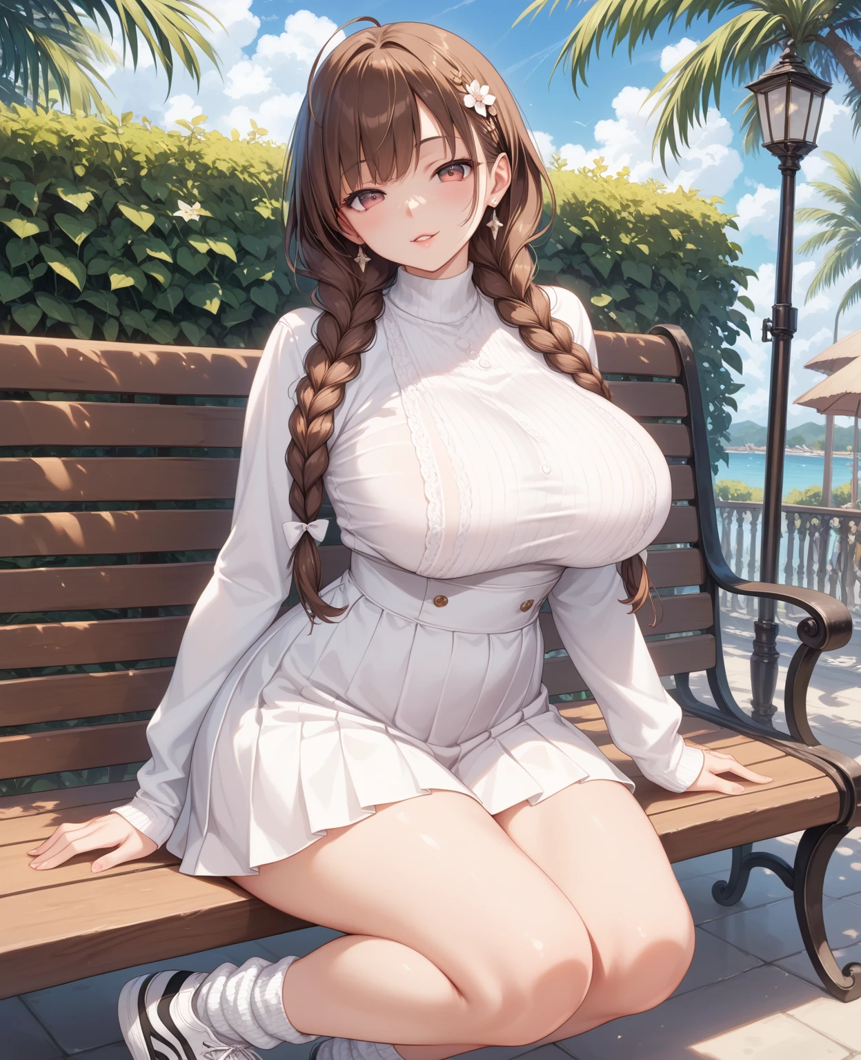 (((best quality))), ((ultra-detailed)), (((masterpiece))), (illustration), ((an extremely delicate and beautiful)), ((super detail)), ((high resolution)), (((20 years old))), ((metallic cloth)), (super heroine), (android), delicate metal decorations, gleaming skin, shiny body, two legs, breast focus, (((tall))), slender legs, ((big round eyes)), cute eyes, drooping eyes, ((adult)), two hands, five fingers, no extra hands, elegant smile, braid, (((ultra-huge breasts))), (shining brightly), outdoor, mini skirt, daytime, ((biopunk)), (hair shorter than shoulder), (medium length hair), gynoid, ((gray rib knit camisole)), city, ((midriff-baring outfit)), (spread legs), camel toe, sit with legs stretched out, nsfw, ((((female masturbation)))), flood of pussy juice, (right hand on the clitoris and left hand on the breast),
