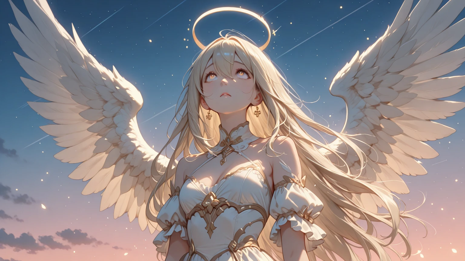 (((Masterpiece))), (((Best quality))), ((Ultra-detailed)), (illustration), (Detailed light), ((An extremely delicate and beautiful)), (Beautiful detailed eyes), (Sunlight), (angel), Solo, Young girls, Dynamic Angle, Floating, Bare_bshoulders, Looking_at_peeping at the viewer, Wings , Arms_Up, Halo, Floating white silk, (Holy light), Like the Silver Star implosion,We absorbed the daylight