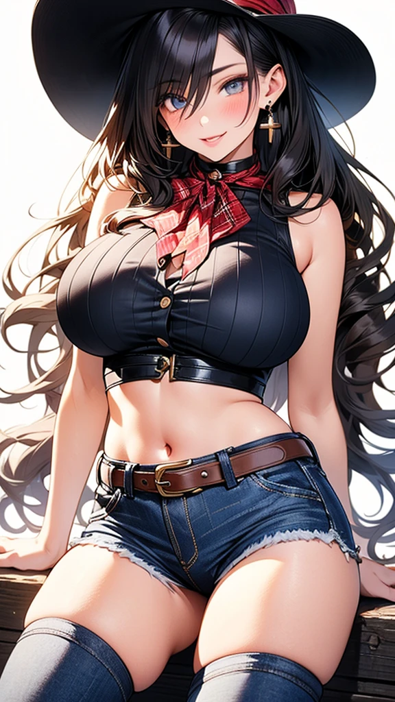 (Saggy breasts,junkotvv woman with cat ears, Madura,huge breasts, giant breasts),Alone,improve,joke,shadow,lip,Bright eyelashes,Brown hair,blue fur, cropped clothes,denim shorts,clothes with mistakes, tattoo, choker, bangles, belt, Sleeveless, (long wavy hair, gradation fur),naked forehead,drilling, SMILE.Oh,half eye,dynamic angle, to throw ,(navel focus, From above ),wide angle,living room, Sofa, big window,Extension,cowboy shot