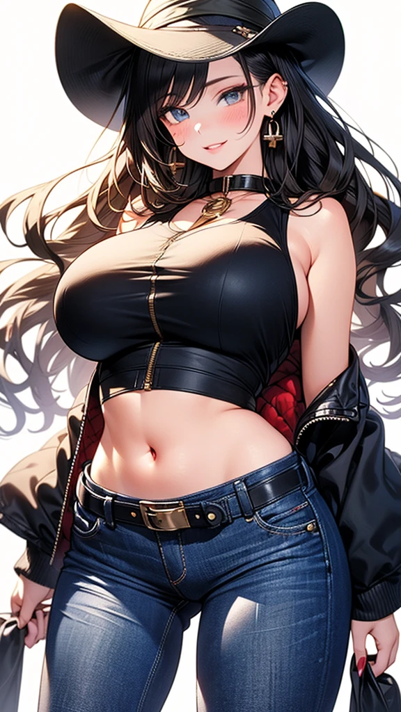 (highres, high quality, best quality:1.3), intricate details, vibrant image, colorful, volumentric lighting, bibleblack, xter, 
YukikoMinase, 1girl, solo, c standing, blush, naughty face, seductive smile, 
[black hair:green hair:25], long hair, lipstick, eyelashes, yellow eyes,  detailed eyes, detailed face, jewelry,
curvy, midriff, navel, large breasts, long hair,, blush, lipstick, Hot girl, baddie, staring, glaring, bad attitude, mean girl, crazy, smoking, sensual, attractive, mall, shopping center,indoors, masterpiece,high quality,4k, shirt, bare shoulder,belly,crop top,holding pistol,cleavage,casual dress,smile, open mouth, evil expression, exposed
belly, exposed navel, exposed midriff, exposed lower belly, crop top overhang, underboob,jacket,
unbuttoned jeans , low rise black jeans, Low rise jeans, Low rise jeans with open fly