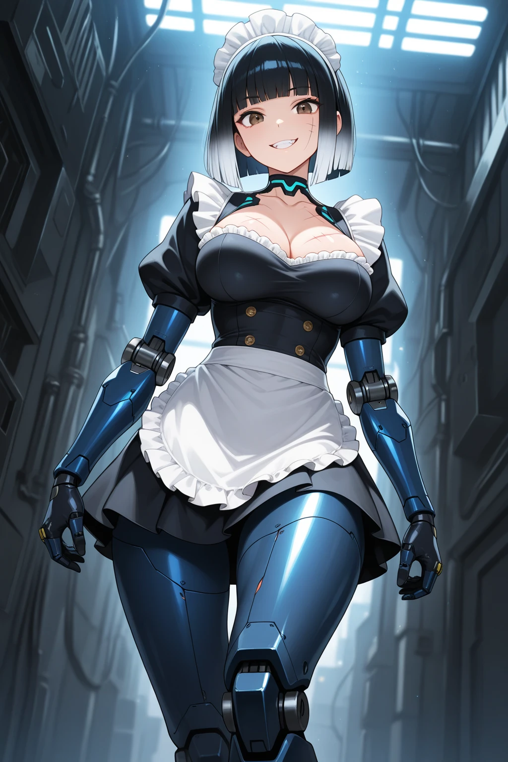 (8k, Realistic, RAW Photos, Highest quality: 1.3), (Fox Girl, Fox Ears, One Girl, Alone on the screen, dark skin, High definition, (boyish, Silver color very short hair), (Silver and blue odd eyes):1.4), とてもbeautiful, (Realistic Face), (maid apron, Clothes that are mainly black with red accents, Long skirt, Clothes with an open chest, (machinery suit, mecha musume):1.5), (Body measurements: 88-55-77!, Height is 145 cm, Nice body, Big Breasts, skirt hold, slender, Accentuate the cleavage:1.6), Standing posture, A brilliance that captivates the viewer, beautiful expression, beautiful breasts, (Realistic Skin), beautiful...