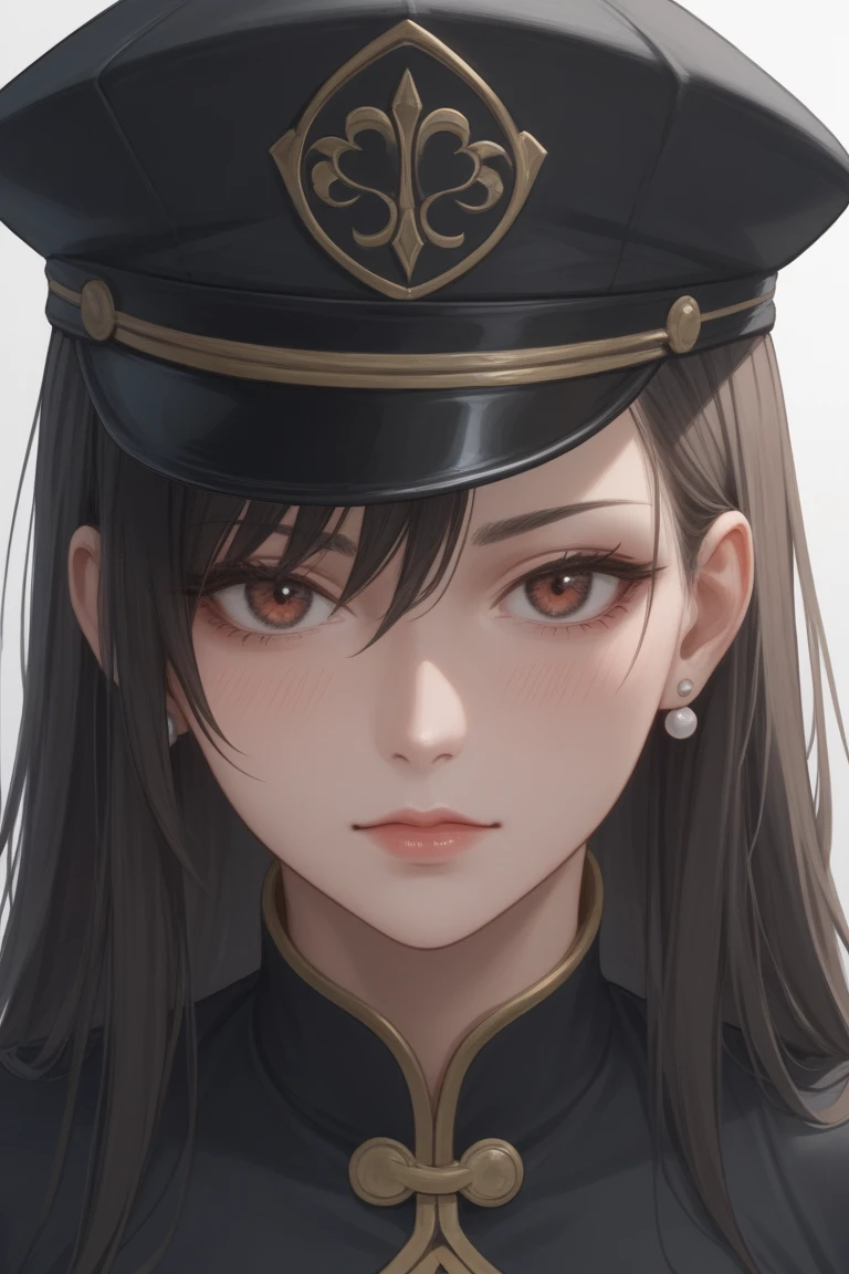 No, adult, modest attire, (reference to the uniform of a World War II Nazi German general. : 1.8),Commander's Hat,White Coat,Long Black Skirt,((Pia Hairstyle,Smooth Front Hair)),(Standing at Navy Port),Government Agency,Deep Intelligence,Discreet Facial Expression,Respectful Face,Warship,( Dark Green Eyes,Small,Black Hair,Smooth Poll Hairstyles,Double Braided Hairstyles,Top Fine Eyes,Straight Bob Pony Hairstyle,Red Glasses,Dark Green Eyes),Authoritarian Society,Long Distance,Beautiful Delicate Face with Detail, Beautiful Delicate Eyes with Detail, Perfect Face Proportion, High Fine Skin, Fine Skin, Best Four Finger to One Thumb Ratio,Masterpiece, High Detail, Realistic