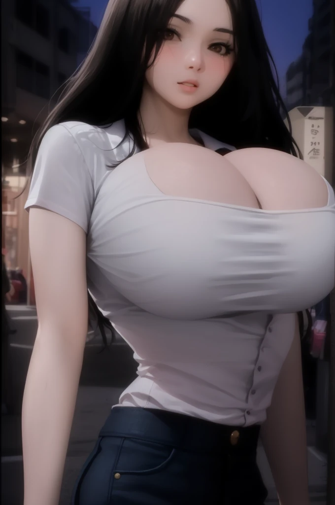 Tifa lockhart, tifa_lockhart, ff7, sultry face, (white tank top:1.2), black miniskirt, (black long hair), hair bangs (red eyes:1.3) long eyelashes, beautiful red eyes with brightness, surrealism, shadow, stereogram, (photorealistic, realistic: 1.2), POV, atmospheric perspective, cinematic lighting, ray tracing, 8k, super detail, best quality, masterpiece, well detailed, (Canan EOS R6, 135mm, 1/1250s, f/2.8, ISO 400:0.9), cyberpunk, neon, neon signs, ramen shops, (huge breasts:1.5) red gloves --auto --s2