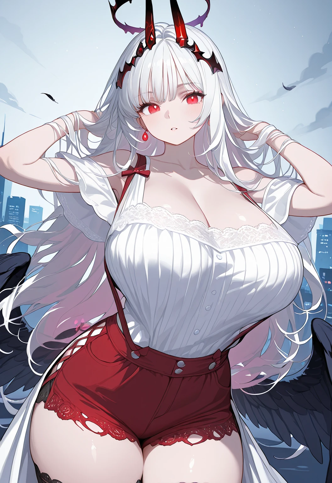 score_9, score_8_up, score_7_up, source_anime, (masterpiece), best quality, expressive eyes, perfect eyes, perfect face, oni girl, oni horns, red eyes, soft lips, long hair, very long hair, wide hips, (white hair:1.2), (white eyebrows:1), (white eyelashes:1), medium breasts:0.5, higuchi madoka, big breasts:0.3, standing, background: City, collared shirt, corset, longs sleeves, black shorts, legwear garter, black pantyhose