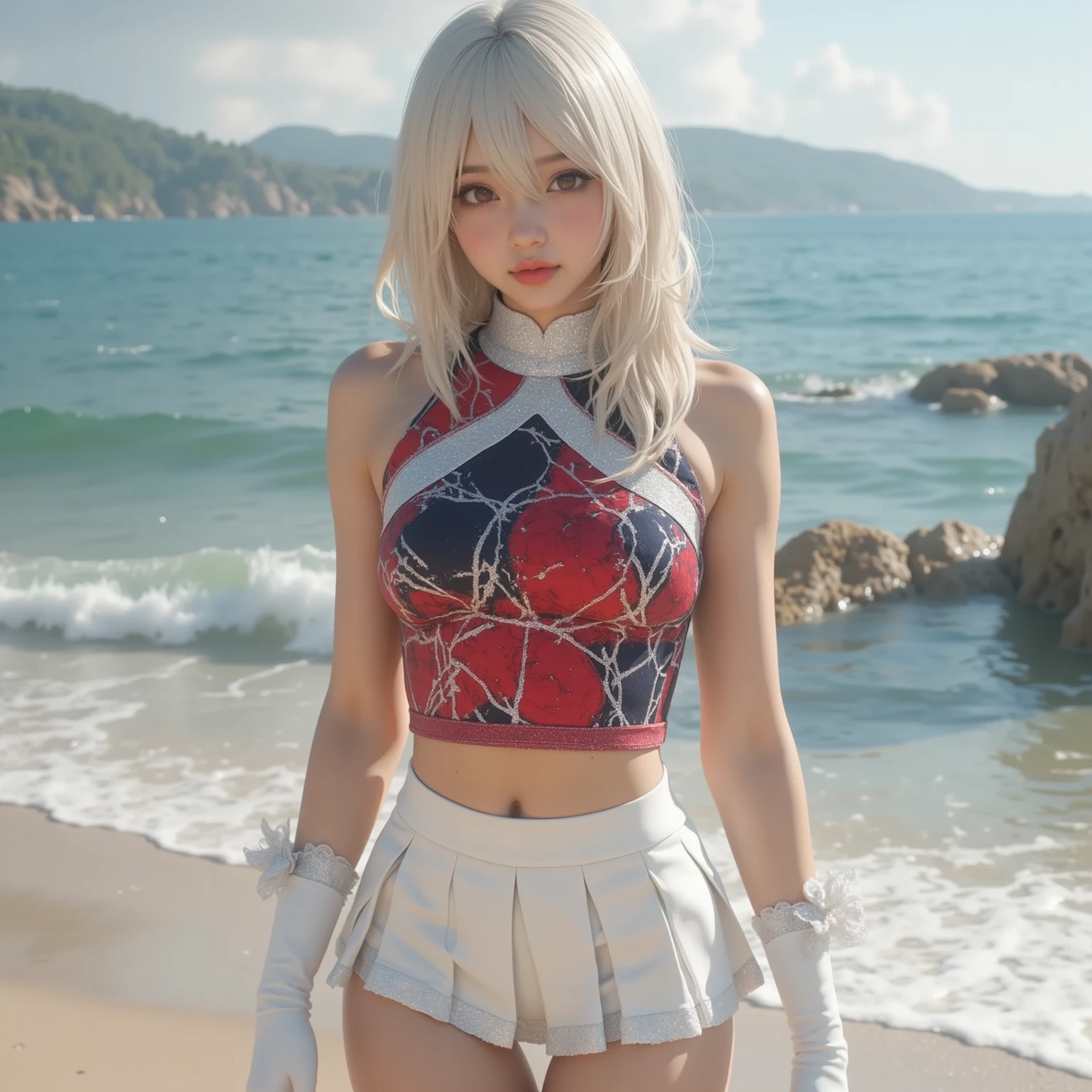 (beste-Qualit, 4k, tmasterpiece :1.3), a handsome female, A hyper-realistic, (saggy breasts, attractive body: 1.2), ultra-detailed face, detailed lips, A detailed eye, open neckline, hanging breast, Lateral posture, visible curves, beste-Qualit, ((body complet, including legs)), photo of a beautiful (Evil grin) 25-year-old Anglo-Saxon wet muscular girl with short white flowing hair, violet eyes, ((sharp jawline)) with perky tits, shapely thighs, gap between the thighs, Elastic big ass, ((muscled body)), muscles on the body, in a wet swimsuit, transparent leotard, red bra, red panties,lying on the right side to the viewer, on the sand right in front of the viewer, the night, by the sea, On a luxurious beach, cameltoe,