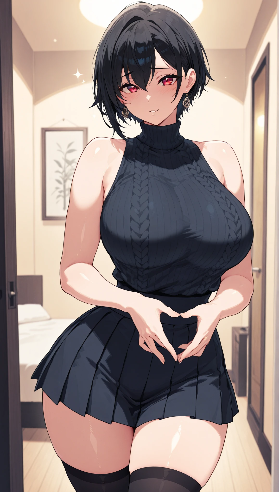(wallpaper,8k), (masterpiece, Beautiful lighting, Vibrant, highest quality), 1 female, alone, Short black hair, Messy Hair , (One-shoulder knit sweater dress, indoor, night:1.8, Super big boobs、bedroom, Dim lighting:1.5, Love hotels in Japan:1.5)、Alien Woman