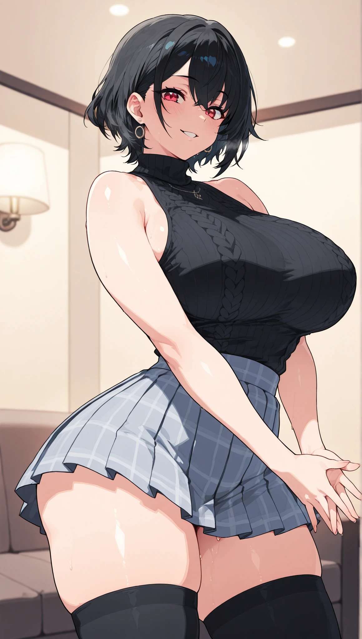 ((highres)), Masterpiece, high quality, best quality, beautiful, perfect lighting, detailed face, ultra cute face, ((1girl)), ((solo)), short black hair, hair over one eye, green eyes, pale skin, ((blush)), shy, arms behind back, (black tank top), (short plaid pleated skirt), thigh highs, chocker, large breasts, (wide hips), (thick thighs), chubby, standing in a classroom,