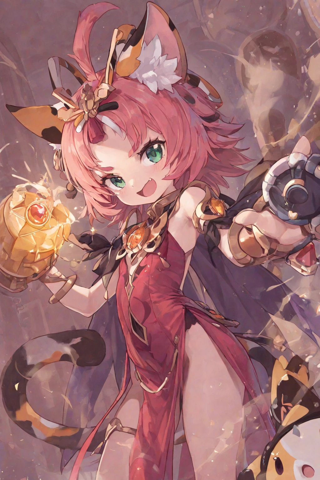 girl, full body, smile, thanks pose, ((cartoon style, chibi style)), cute, beautiful face, pink color eyes, beautiful eye, high detailed pupil, double eyelid, high detailed skin, high quality skin, (red color hair), ponytail hairstyle, long hair, bangs, professional lighting, masterpiece, (horns), small horns, simetris golden horns, elf ears