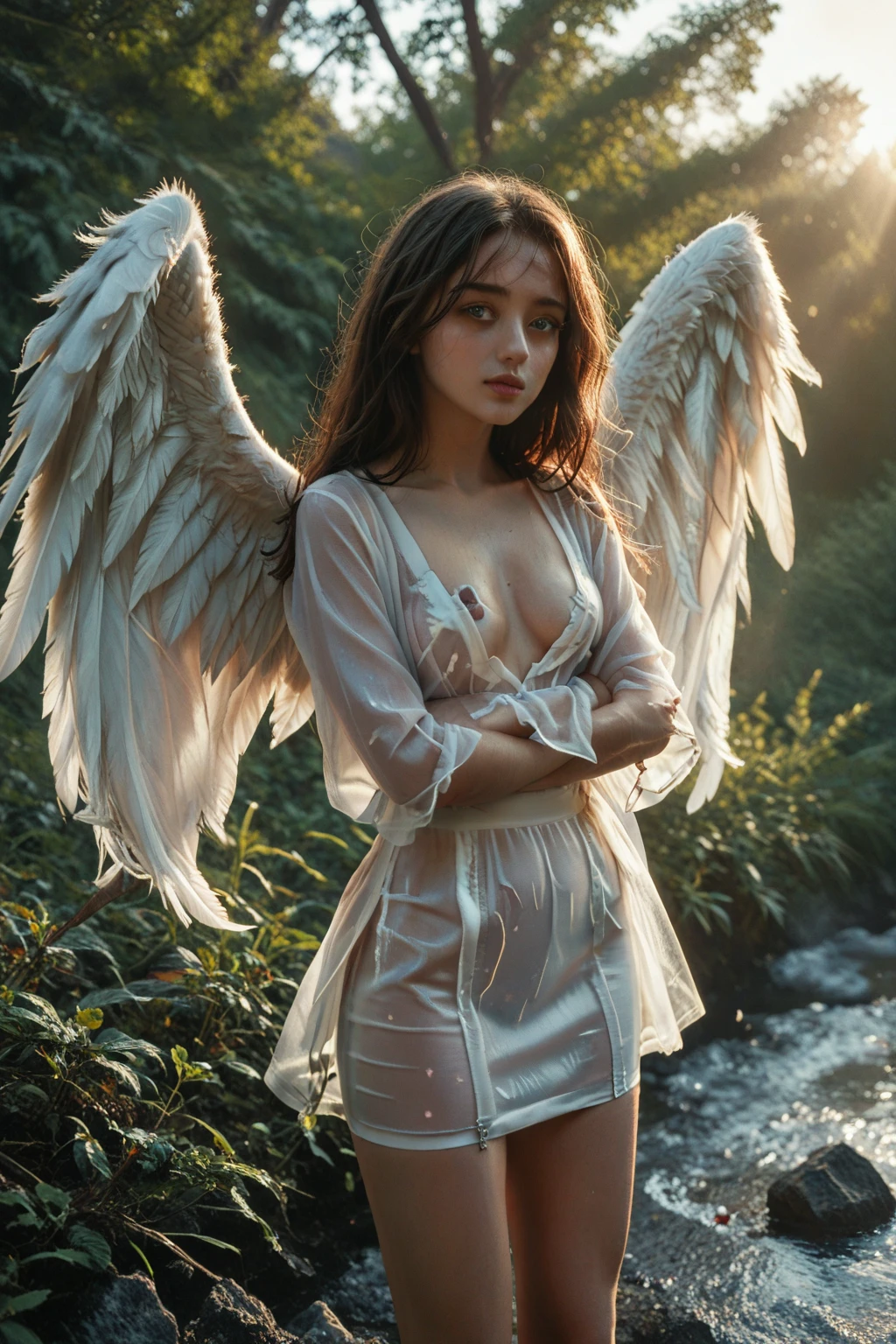 adriana lima, thick brown hair, hot , Ukrainian girl, wavy brown hair, Dasha Taran, pretty beautiful brunette, (solo one girl : 2.0), (highest quality、4k、8k、High Resolution、Araf woman in white dress with wings on rocky mountain, ethereal wings, Dressed as an angel, She has angel wings on her back, Angel in white gauze skirt, white wings, The majestic angel, With beautiful wings, spread wings, girl with angel wings, Wide-angle lens, Gossamer wings, bladed Wing lace frayed, Wing lace frayed