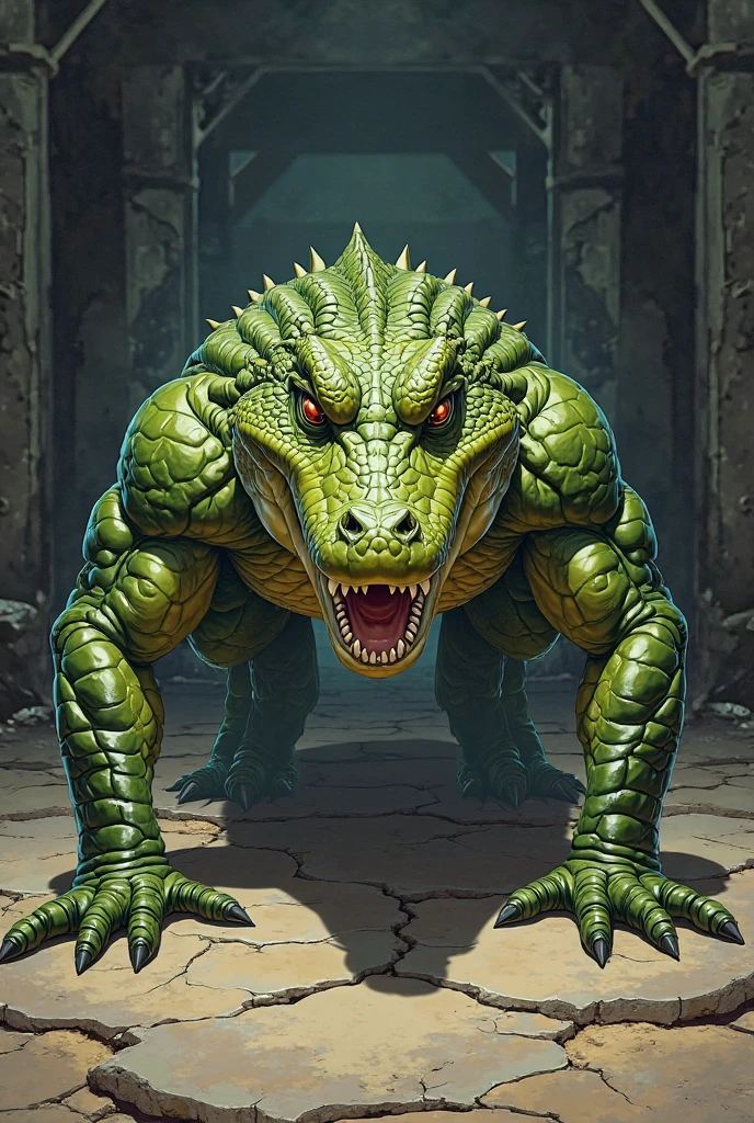 ((((No humans))))、Libra, reptiles, scar, Humanity, Crocodile, green body, scale, There is nothing there, Crocodilian, facial scar, Muscular, green scale, teeth、get annoyed、Fighting stance、Movement angle