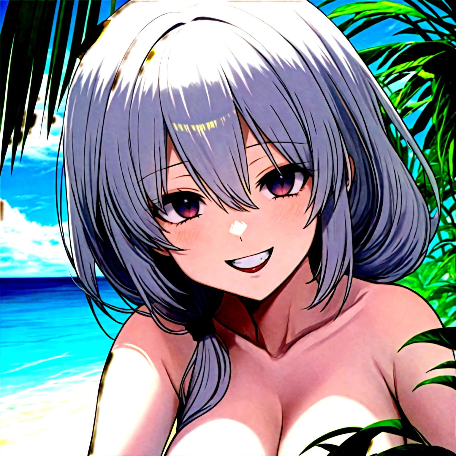 ((Hyuuga miki,Final Romance, Long hair, Blonde hair,((Brown skin)),purple hair band,purple eyes)),large breasts,strapless,bikini, beach,smile,blush,(dynamic pose:1.2)