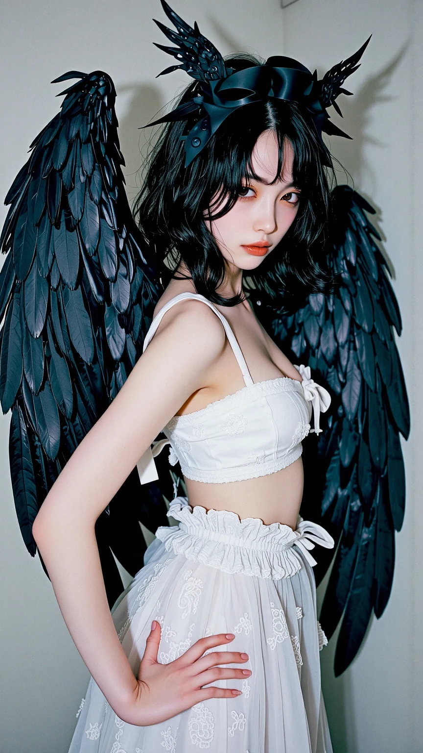 1girl, 1boy, horns, , pointy ears, wings, earrings, serafuku, jewelry, white background, upper body, red eyes, demon wings, demon horns, demon boy, simple background, back-to-back, pink eyes, parted lips, black serafuku, brown hair, demon girl, black hair, looking at viewer, long hair, gakuran