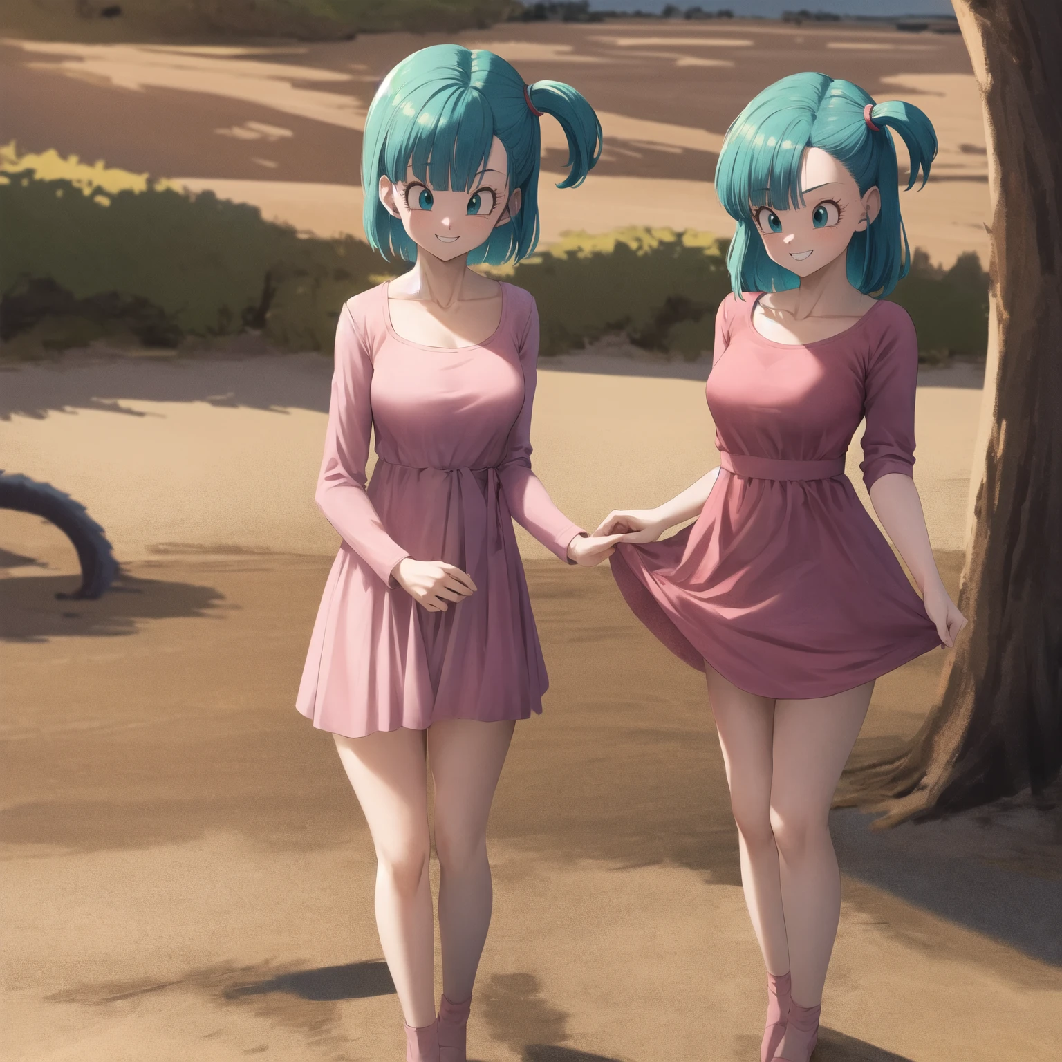 Obra maestra, (swimsuit), mejor calidad, (pelo azul), high resolution, Dragon Ball, blmmid, pelo aguamarina, pelo medio, flequillo contundente, banda de pelo rojo, pechos enormes, en la playa, poses