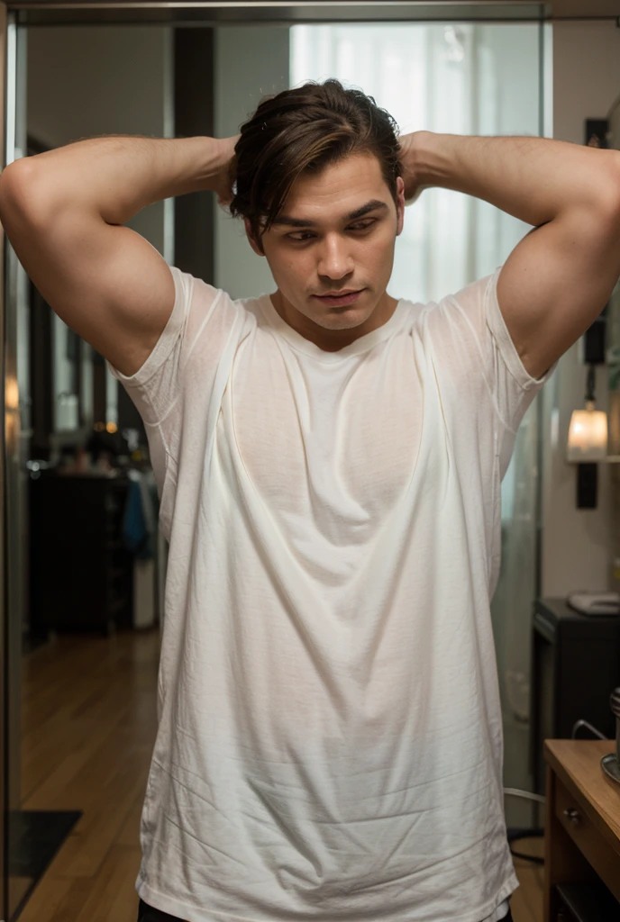 Amateur Photography posted to facebook ,Fujifilm XT3, Canon R5, Handsome Men, wet skin, tank top and short pant, living room