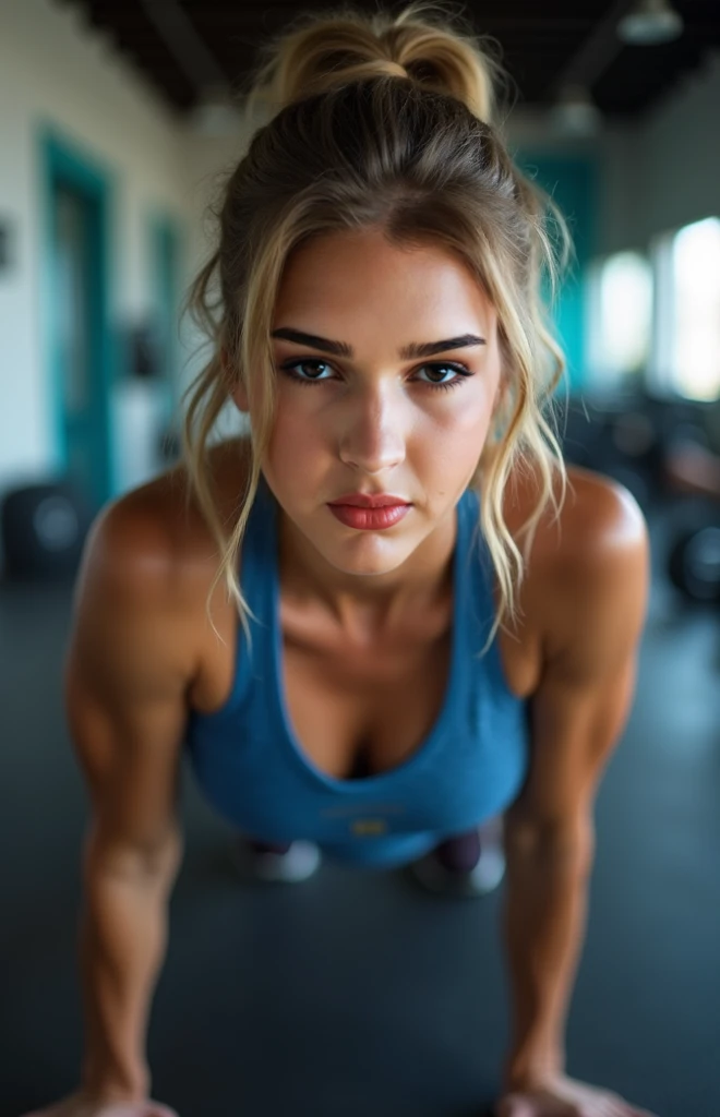 Blonde teen girl in a sweaty camisole with small breasts, (downblouse:0.9), hot pants, highly detailed eyes, long eyelashes, highly detailed face, highly detailed breasts, highly detailed legs, small nipples, in the gym, voyeuristic,