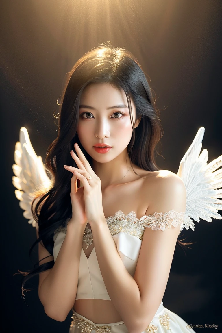 (masterpiece:1.2), ultra detailed, ultra high res, (realistic, photo realistic:1.37), high detail RAW color photo, professional photograph, an extremely delicate and beautiful, extremely detailed, 8k wallpaper, Amazing, finely detail, huge file size, extremely detailed beautiful girl, extremely detailed face, extremely detailed eyes, extremely detailed skin, extremely detailed fingers, extremely detailed nose, extremely detailed mouth, perfect anatomy, highly detailed background, (a famous actress of Japan:1.2), (gyaru:1.1), (flat chest:1.6), Dynamic lighting, (dynamic pose), (one female winged Angel falling from the sky, ripped and revealing flimsy white dress, see-through, gothic style:1.3), (Angel ring of divine radiance overhead), full body,