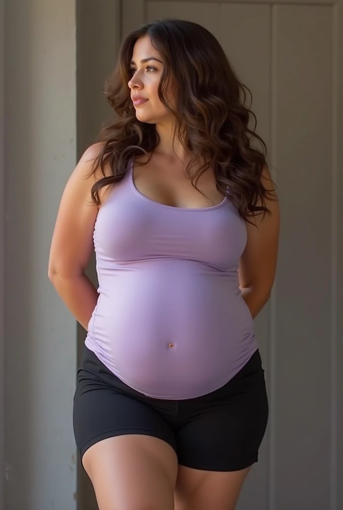(pregnant) Extremely busty thin and toned brunette photographer, college girl, fair skin, loose updo, soft face, athletic, white tank top, pink skirt. standing by a sliding glass door, living room, windows