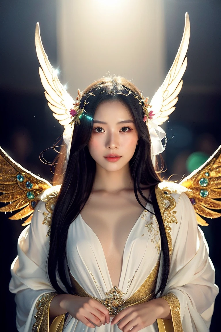 Black Hair, Hair shaking, victory, Long eyelashes, Solid round eye, A faint smile, ears red, direction, Surrealism, shadow, Relief, Stereogram, Standing picture, Throw, Atmospheric perspective, 8k, Super Detail, precise, best quality.masterpiece, best quality, (Extremely detailed CG unity 8k wallpaper), (best quality), (Best Illustration), (The best shadow), absurdes, Realistic lighting, (abyss), Beautiful and delicate light, Peter Moore (Peter Mohr Bacher) Artworks,(White Wings 1.3)。Angel Girl,Flying to the clouds,White Cloud,White Cloud,Blue sky。Blue sky。Blue sky。(White papal robe1.3),(Golden Wings 1.3),Wearing a crown on his head,high resolution, masterpiece, Sarashina Ryuka, short hair, Black Hair, (Solitary), 1 Girl, Lovely, Internal, Delicate eyes, (black eyes)
