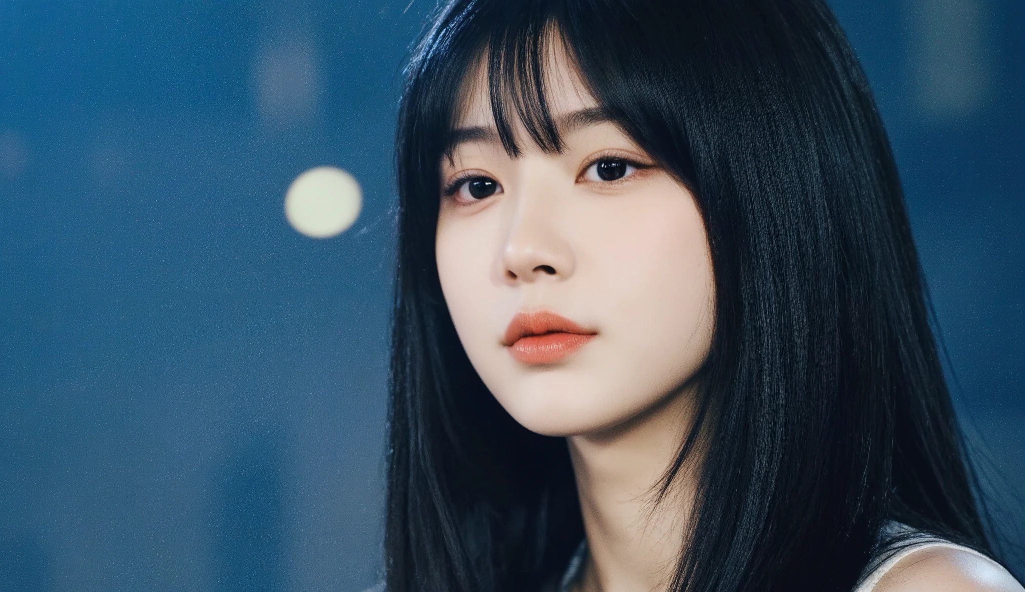 a shoulder-up candid photo of a 20-year-old Korean woman on a real concert stage, photographed with a DSLR, natural lighting, detailed skin texture, soft background blur, minimal or stage makeup, unique facial features, ultra photorealistic, not digital art, not illustration