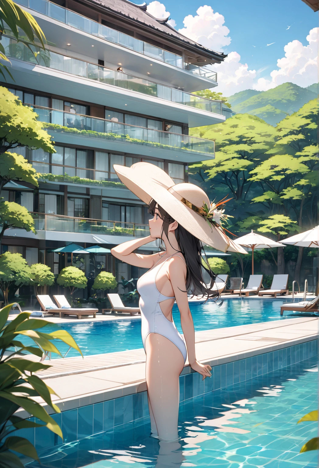 Arigameplays, a woman with straight hair in a string bikini standing and drinking a coconut drink on the beach, upper body