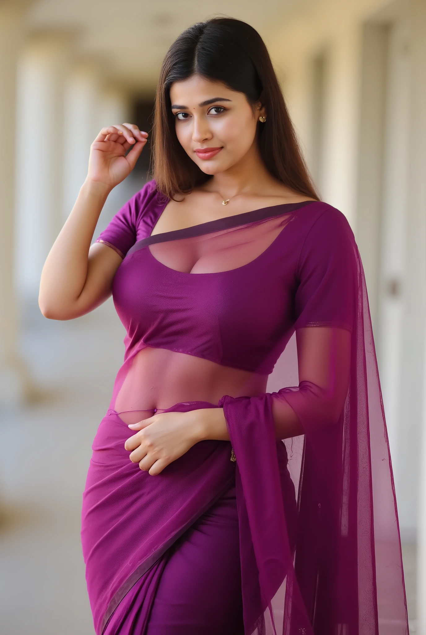 ((Solo girl))((Alone))One Girl, medium breast , big ass, loose hair, beautiful nose, beautiful face, beautiful figer, blue eyes, detailed body, masterpiece, high quality, best quality, milf, mature female 30 years old, blush face, married woman, sunset time.((Sexy body))((Dynamic lighting))((Seductive pose)), awardwinning photo, detaile, realistic light and shadow, 8K, Professional Lighting, (glistning skin:0.9), perfect hand, ((Sexy))((hourglass figure))((hot))((accurate anatomy)) ((Cleavage)) ((Full body pose)) (( Purple Choker in the neck)) ((great hair)) ((hot)) ((BOLD)) ((plain brown hair))(( in a sexy pose)) ((Beautifully flaunting her body)) ((accurate hands)) ((perfect fingers))((5'9 height))((solid purple clothes)) ((Shot from front))((standing))
Realistic, detailed picture, perfect body, perfect face, full body, perfect finger, 1 solo indian young woman wearing soft saree navel kpd downblouse, purple color saree and purrple tight short blouse, cleavage breasts ,Hourglass Body Shape SD1.5/SDXL/PONY/FLUX | , navel open and clear, right hand on head, perfect body, Lustrous belly, huge breasts, breasts comeout, realistic body, smiling face.((Sexy pose))((Nsfw))((Purple saree))((Perfectly draped saree))((thin pallu))((see through saree))((dark purple))((plain saree))((fit body))((hands on her hips))((thin clothes))((exposing))((bold))((((((plain saree))))))((indoors))((accurate drapes))((hourglass figure))((perfectly fit body))((thin waist))((perfect waist))((no golden spots))