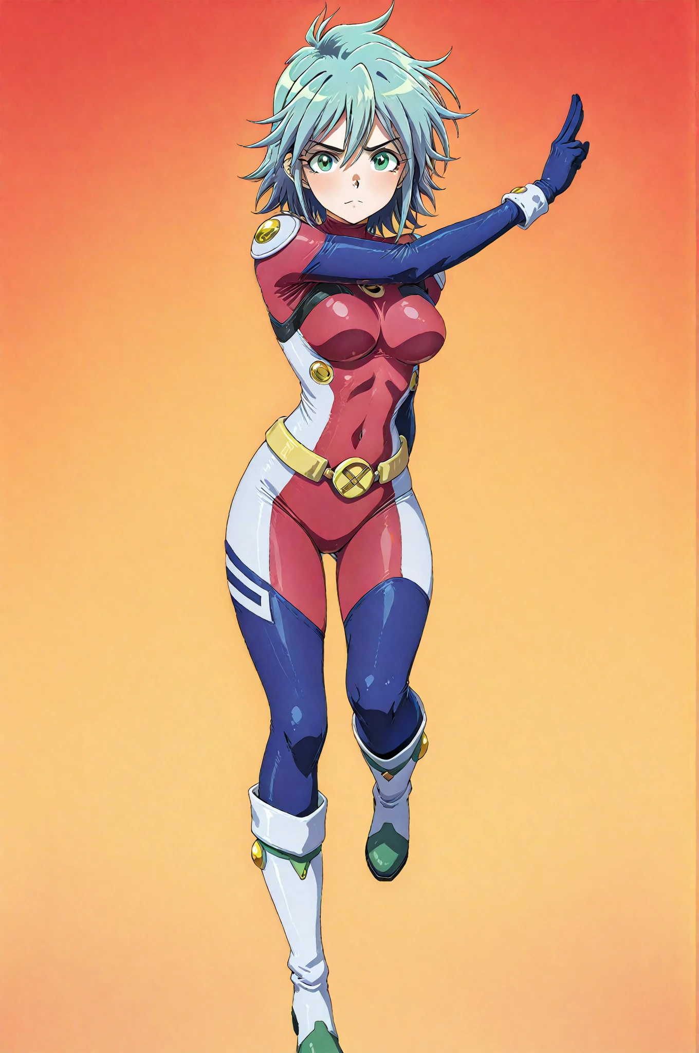 1girl as female soldier in blue armor, white hair, torso shot, hands in the air, victorious , medium hair, front view, shortstackBT, looking happy, in HNKstyle, 80's anime
