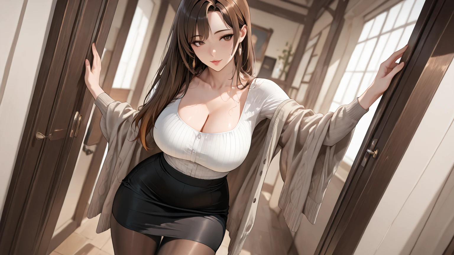 High resolution, super detailed, female, long hair, girlfriend, pretty, busty, sheer gauze dress, reality show, glamorous, lipstick, brown-gray hair, studio lighting, matte, cinematic shades