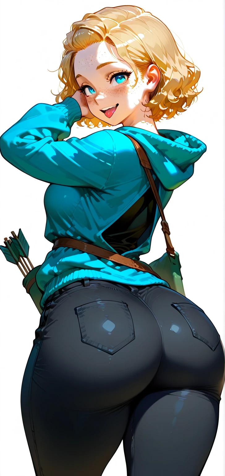 girl in spandex booty shorts, wearing oven mittens tucked in pockets, blindfold