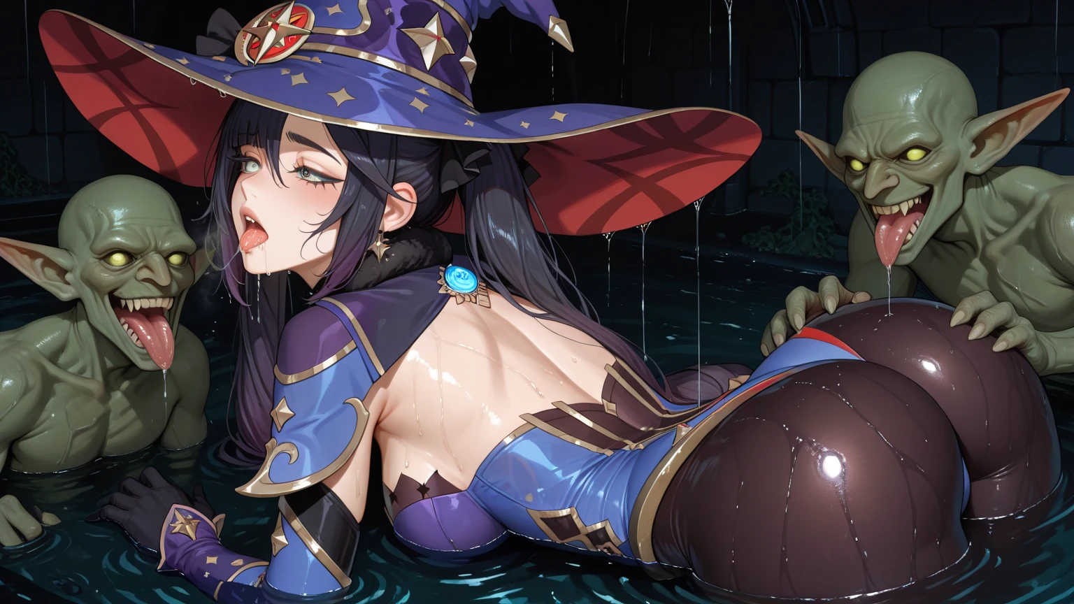 (Highest quality), (masterpiece), ((beautiful:0.75) pretty girl:0.75), [Clear and clean] Pixiv (figure), (Roxy Migurdia:1.25), blue eyes, Blue Hair, bangs, Black brown cape, Witch Hat, Braiding,NSFW,tentacLe bound arms,tentacLe bound Legs,(many tentacLes:1.7), ((tentacLes sex)), ((vaginaL)),(tentacLe pit:1.5),((roLLng eyes)), troubLed eyebrows, drooL, orgasm, ((cLose mouth)), (cLench teeth),cum on body,cum on cLothes,bukkake,excessive cum,cum string,cum overfLow,cumdrip,Leg up,(standing),(((Suspended on tentacLes))),medium breasts,((bLue hair)),((braided hair)),(L(ow twintaiLs)),two Legs,