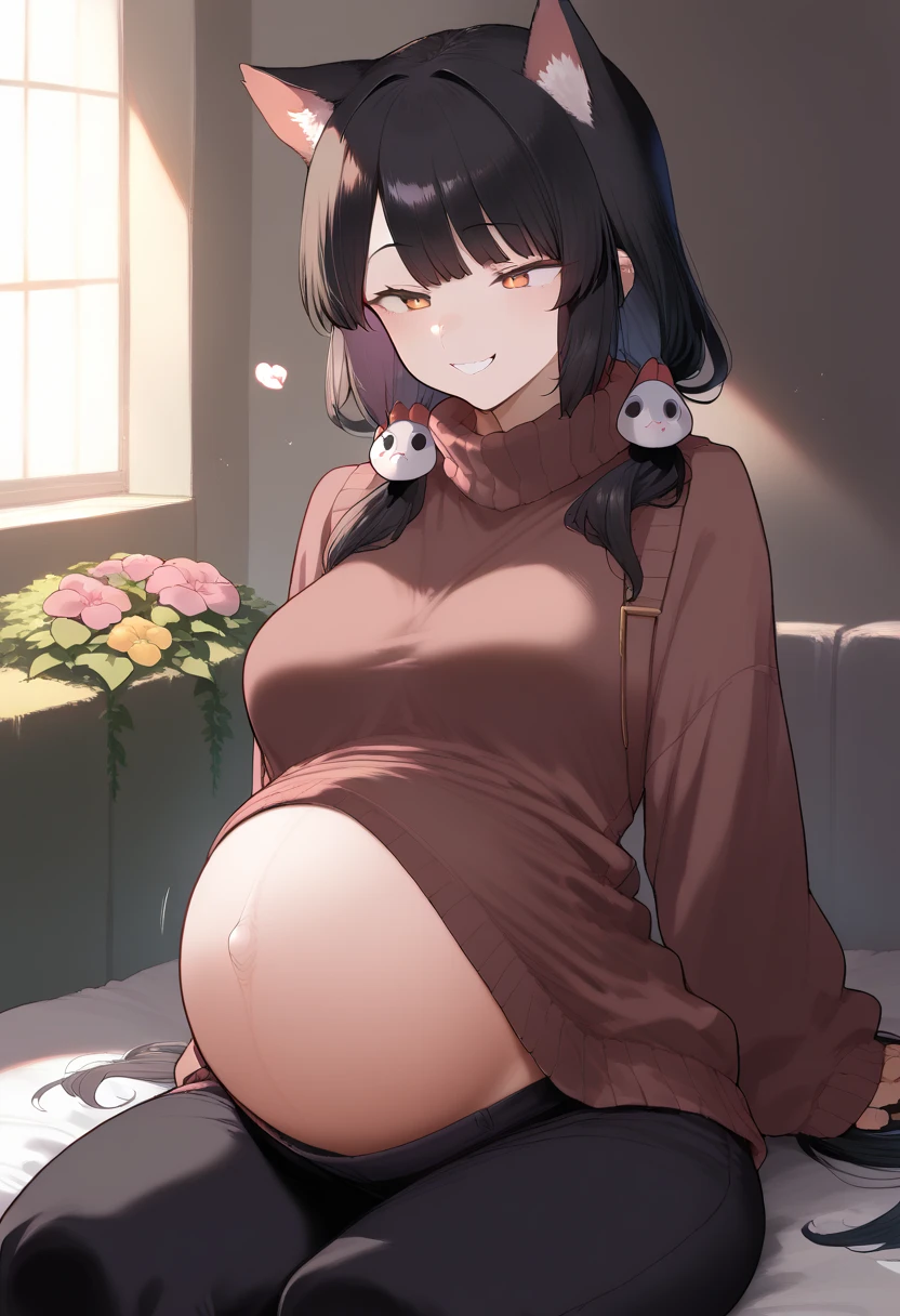 Petite figure, cute woman, nose blush, blush, clothing partially off, fluffy, pastel colors, nude, pussy, breasts, bed, windowsill in background, window in background, medieval town background, nipple, womb tattoo, upper thigh to head in view, pregnant