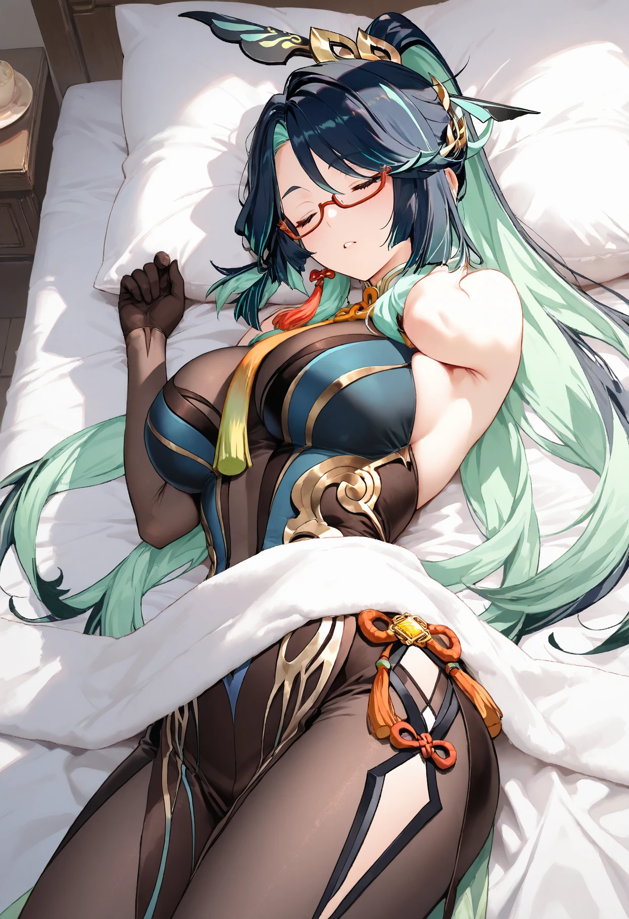 Black Kakalot Female, Green Hair, Look at Viewer, Green Room, sleeping in bed, (((turn back))), panty