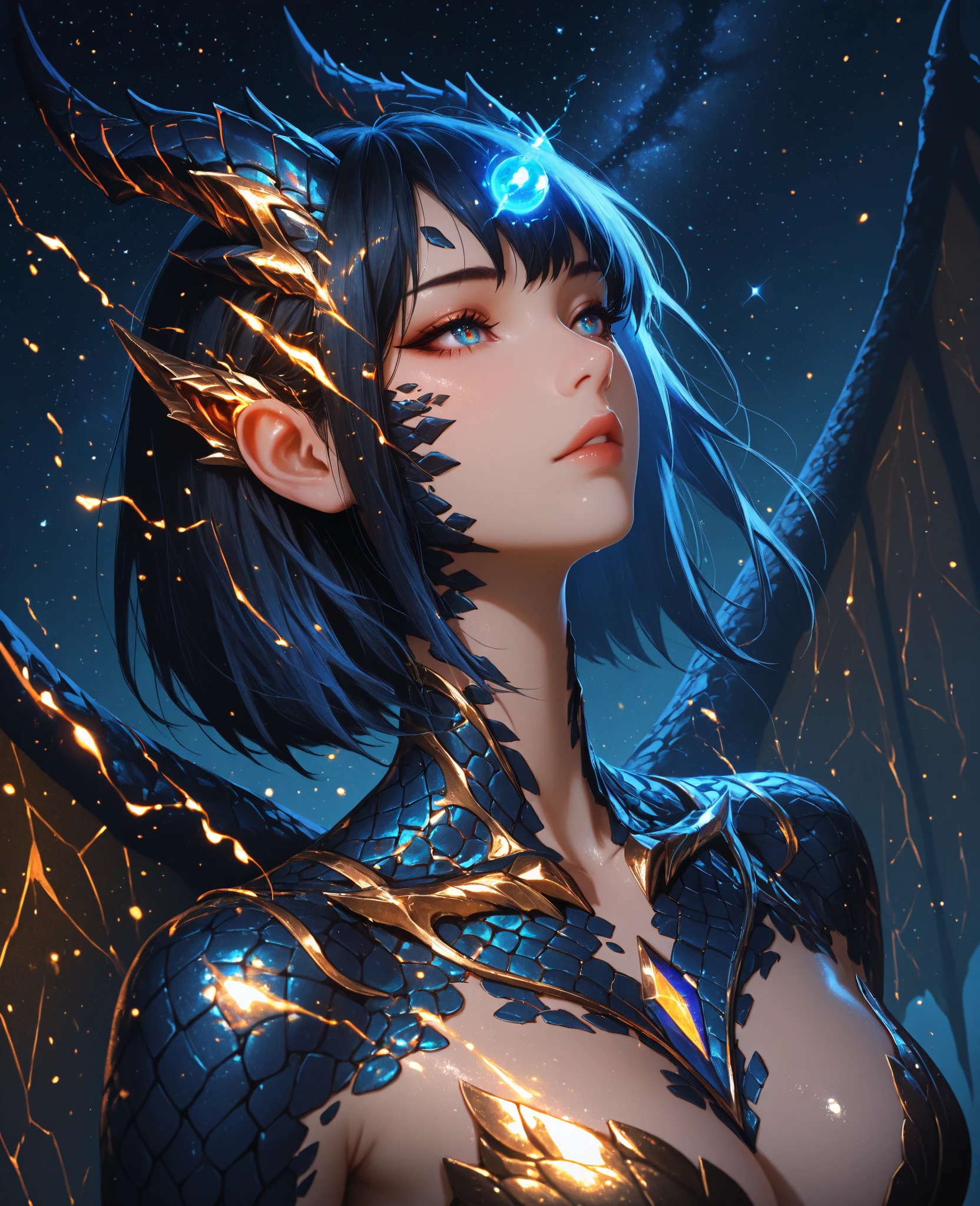 (best quality,4k,8k,highres,masterpiece:1.2, portrait), ultra-detailed, realistic, naked sexy dragon woman with glittering obsidian scales, skin is glittering obsidian black scales, long flowing black hair with amber highlights, very playful but mischievous smile, huge tits, gigantic breasts, naked, nude, detailed crotch, detailed vulva, sexy pose, spread legs, playful, bi-coloured eyes, heterochromia, lustful