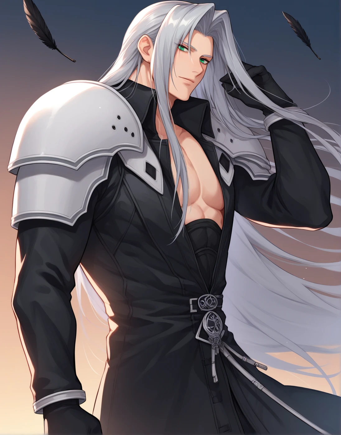 score_9, score_8_up, score_7_up, 1boy, white hair, long katana, sephiroth from final fantasy, open clothes, solo focus, from below, grin, looking at viewer,