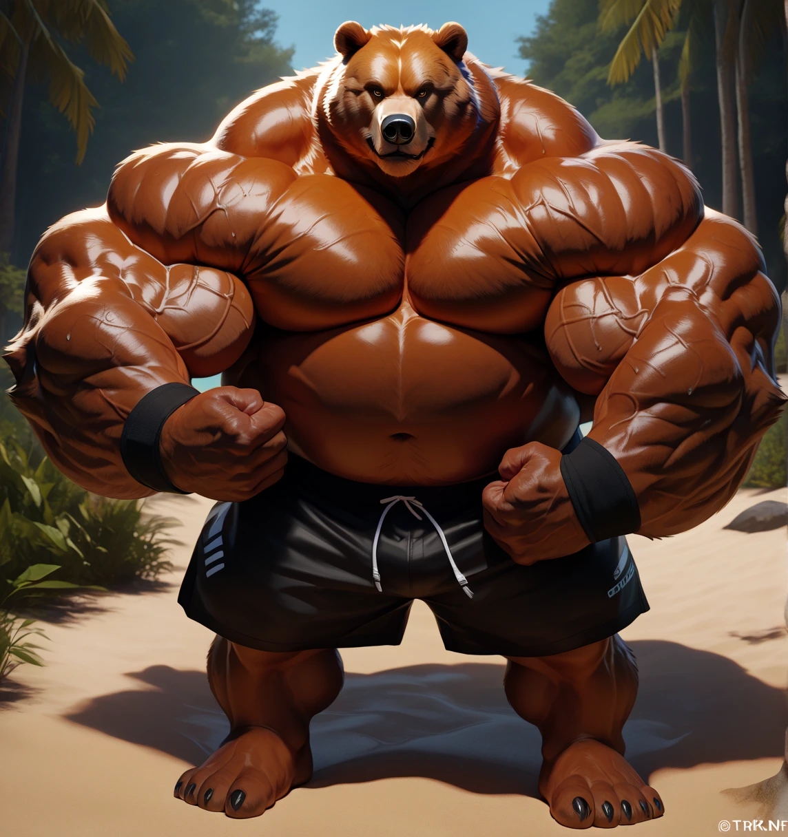 Close-up of a muscular and athletic male gorilla, posing sensually, wearing sports shorts, in a park, at daytime, wearing a necklace, sweaty body, well detailed, ultra detailed, NSFW, black fur, whole body, big body, detailed face, detailed features, detailed muscles, good anatomy.