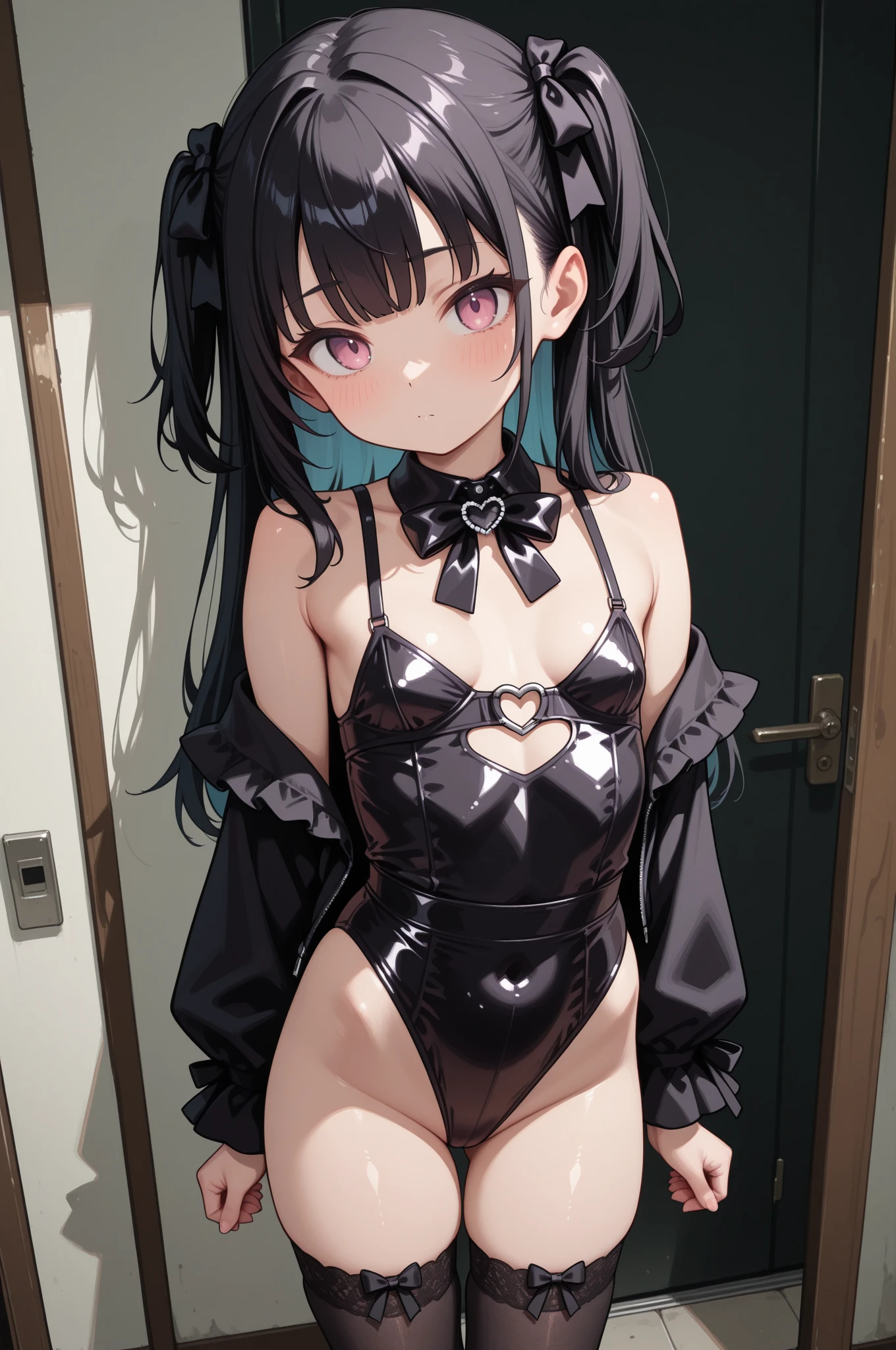 young girl, gothic lolita, good anatomy, (black long hair), (shiny fabric), (micro bikini), good thighs, good hands, sexy camisole