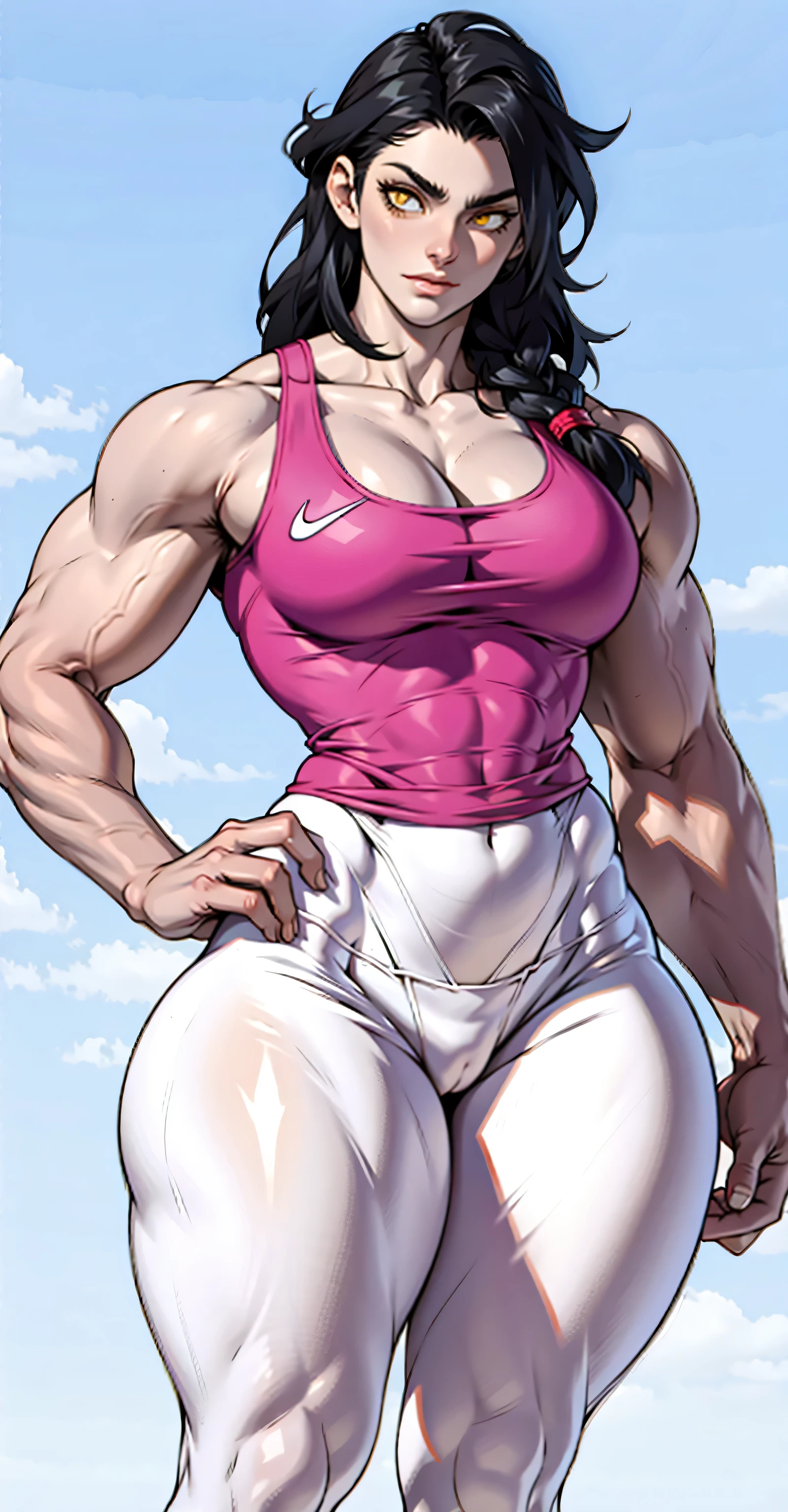 (1girl) (((Massive Female Bodybuilder))) (huge breasts:1.9) pale skin very long hair black hair yellow eyes armpits seductive expression