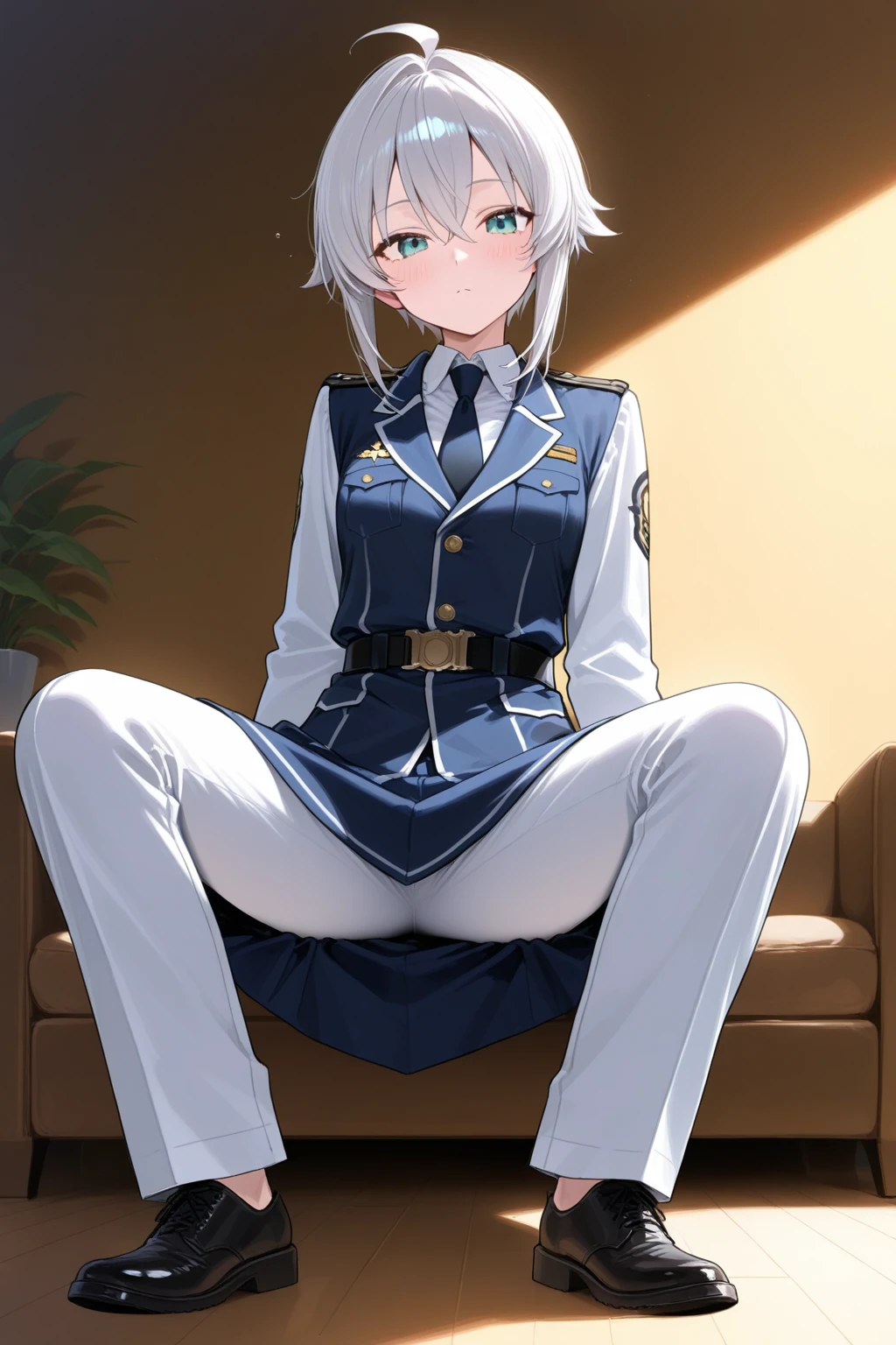 score_9, score_8_up, score_7_up, score_6_up, source_anime,masterpiece, best quality, 8k, 8k UHD, ultra-high resolution, ultra-high definition, highres, shading, good_hands, vladilena milize, grey eyes, grey hair, hair between eyes, long hair, ahoge, straight hair, blue jacket, blue skirt, jacket, military uniform, shirt, skirt, thighhighs, uniform, white shirt, white thighhighs, panties indoors, solo, 1girl, sitting, spread legs, light smile,