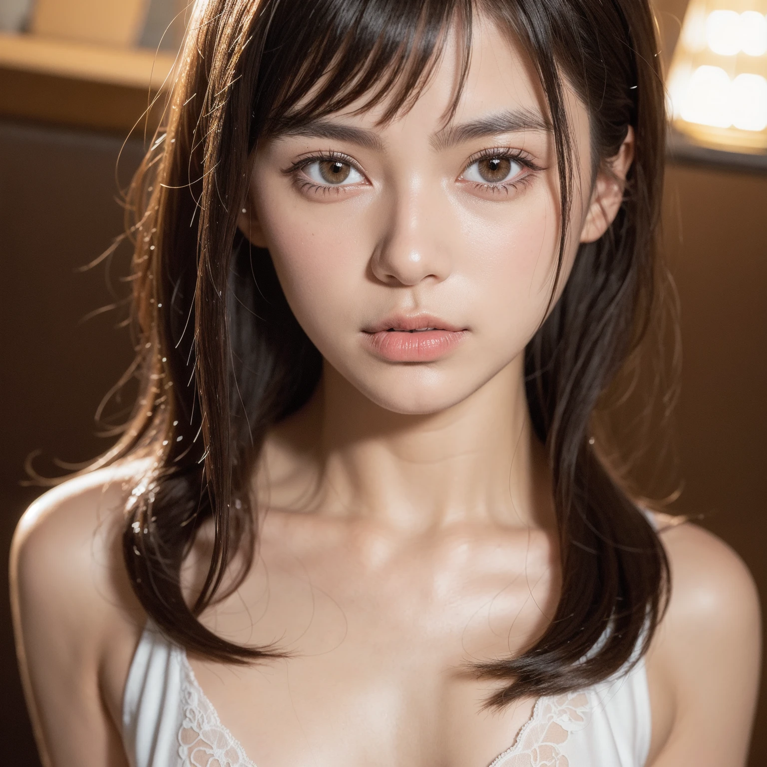 (8k, best quality, masterpiece:1.2), (realistic, photo-realistic:1.37), ultra-detailed, 1 girl, cute, solo, beautiful detailed sky, detailed cafe, night, sitting, dating, (nose blush), (smile:1.15), (closed mouth) small breasts, beautiful detailed eyes, (collared shirt:1.1), night, wet, business attire, rain, white lace, (short hair:1.2), floating hair NovaFrogStyle, topless,